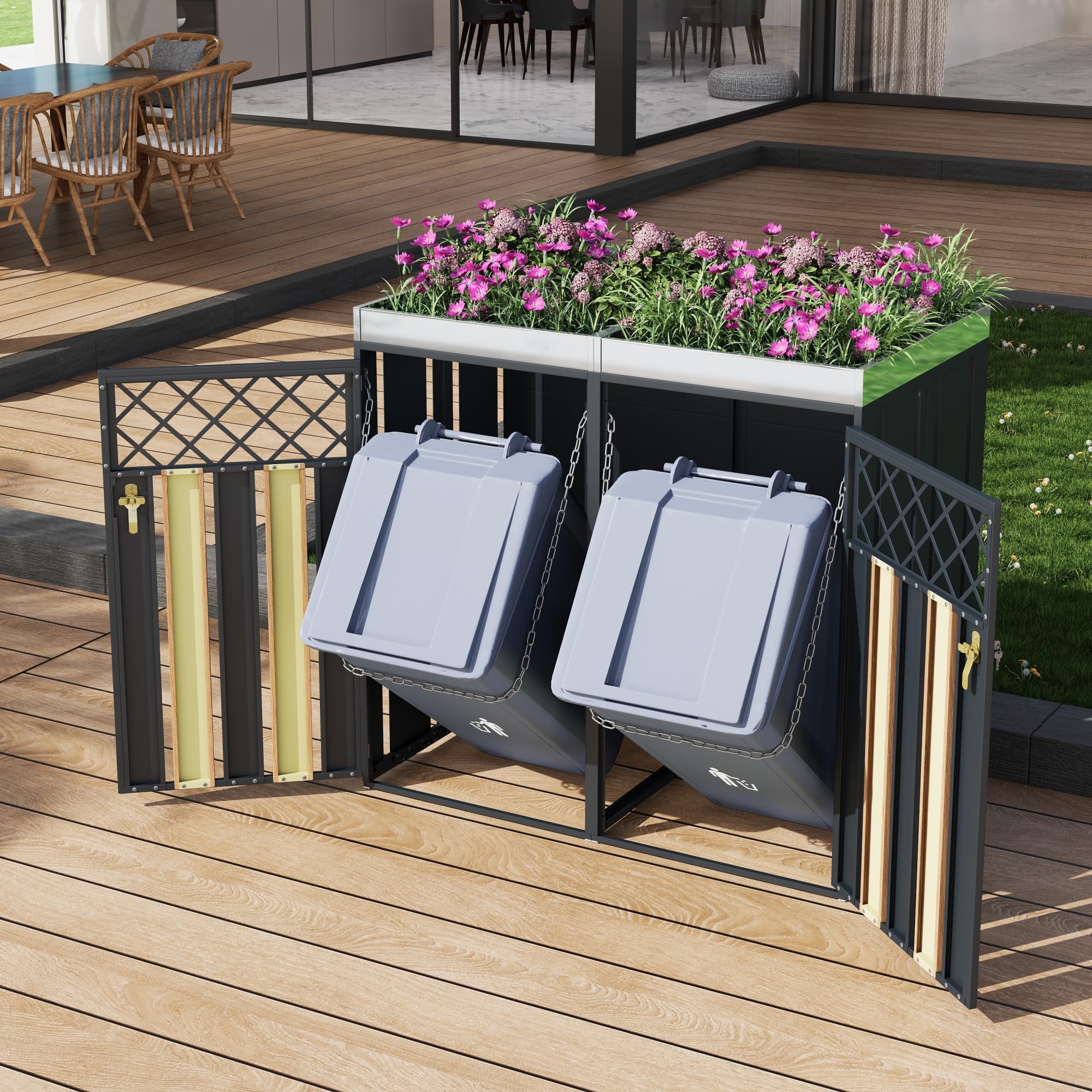 Abri pour poubelles, équipé d'ouvertures d'aération en Losange, d'un Compartiment de Rangement pour poubelles, verrouillable, à Double Porte, avec Un Espace dédié aux Plantes (1)