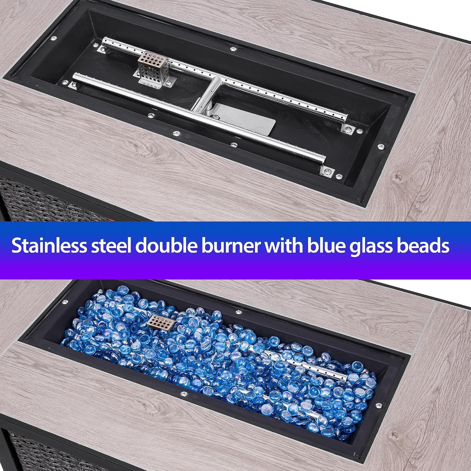 OuterMust 42 Inch Propane Fire Pit Table, 50,000 BTU Hand-Woven Rattan Outdoor Fire Pit with Lid & Blue Glass Bead, Outdoor Fireplace for Patio Deck Garden, Gray