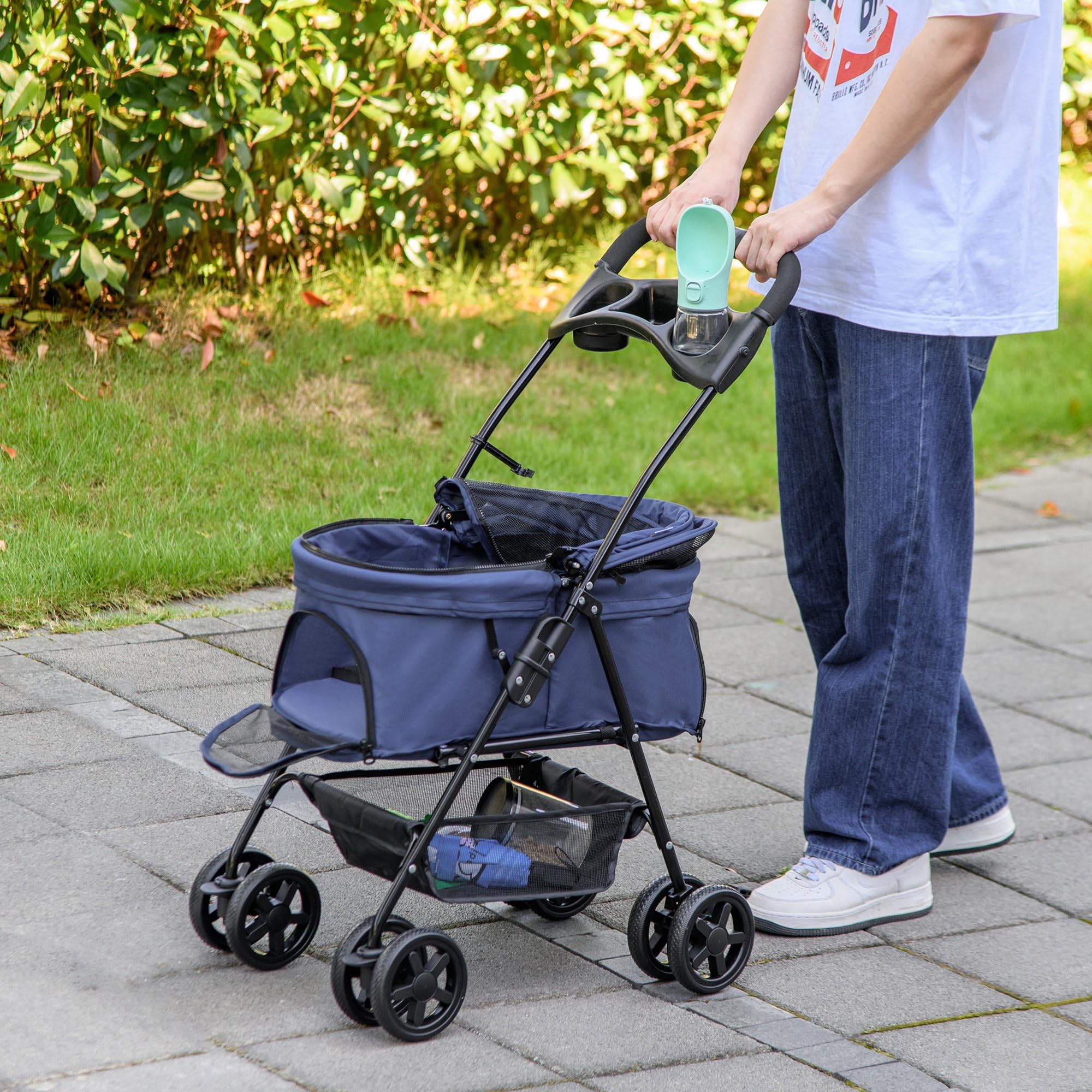 PawHut Passeggino pieghevole per cani e gatti con cestino, 4 ruote, Blu | Portabicchieri, tessuto Oxford 300D impermeabile