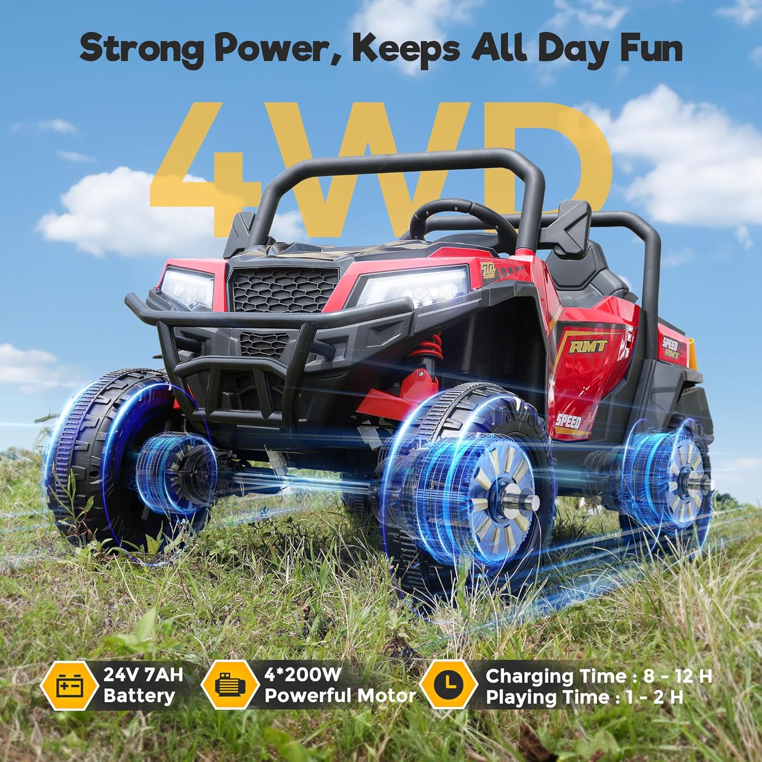 FUNTOK 24V Ride On Car for Big Kids, 2 Seater Electric UTV, Ride-on Dump Truck w/Remote Control, Dump Bed, 4x200W Motor, 4WD/2WD Switchable, Soft Start, 5 MPH, LED Lights, Bluetooth, Music (Red)