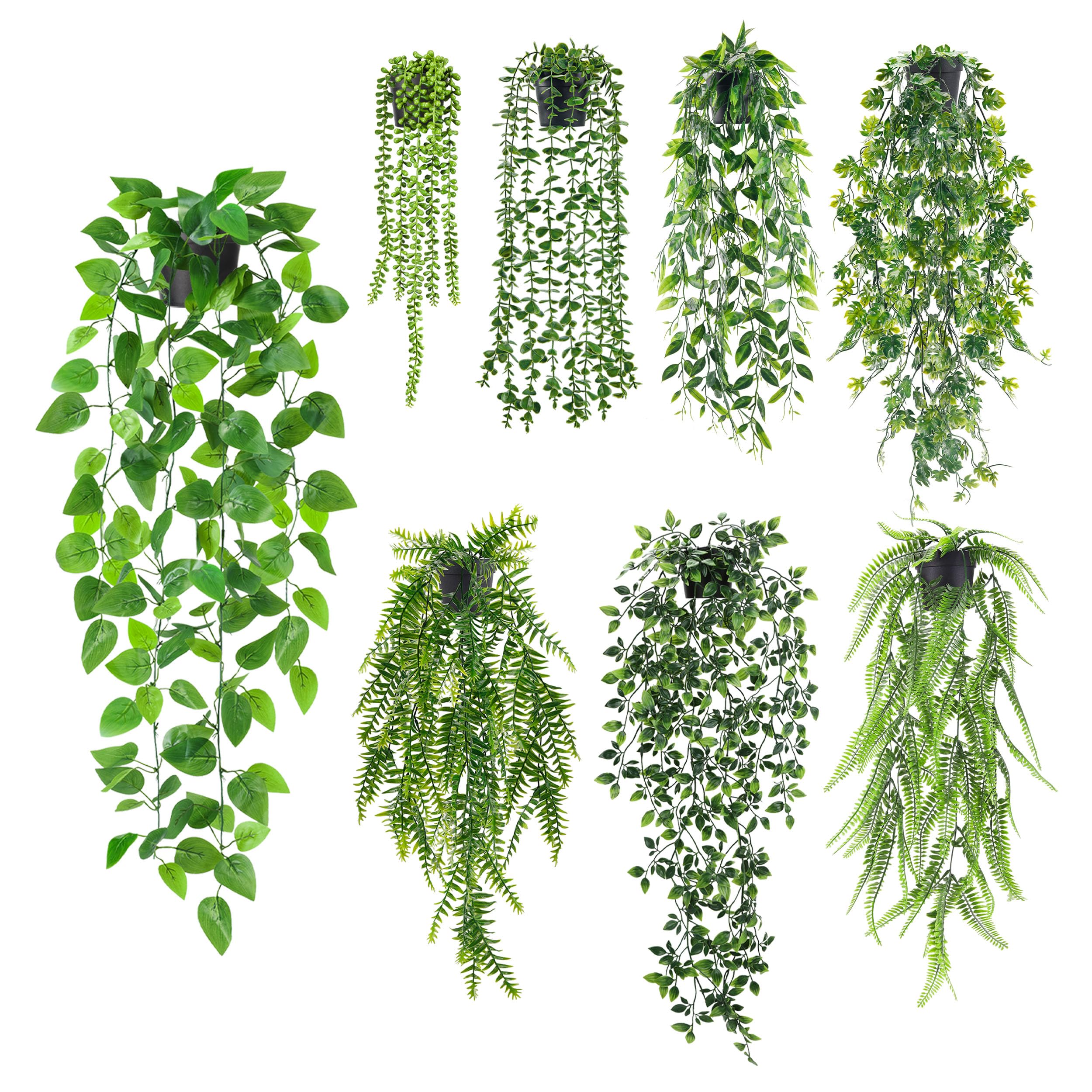 Der Rose 8 piante finte da appendere, edera rampicante artificiale, eucalipto, piante da appendere per la casa, stile bohémien, mensola da parete, decorazione per interni ed esterni (vasi neri)
