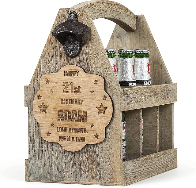 Personalised Bottle Opener Beer Crate, Vintage Wooden Beer Caddy Beer Gift Box | 50th Birthday Gift for Men | 40th Beer Gifts for Men Fathers Day 30th 21st 18th Beer Carrier