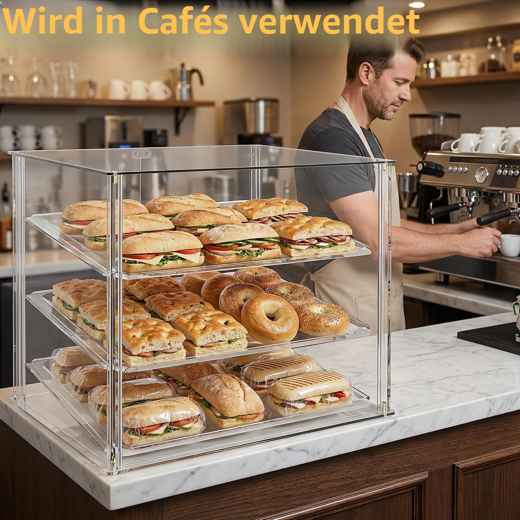 Bäckerei-Vitrine mit 3 Ablagen und magnetischen Hintertüren, 52,8 x 40,1 x 42,9 cm, Acryl-Gebäckvitrine mit abnehmbaren Tabletts und Stahlzange, Lebensmittelvitrine für Donut-Brotkuchen