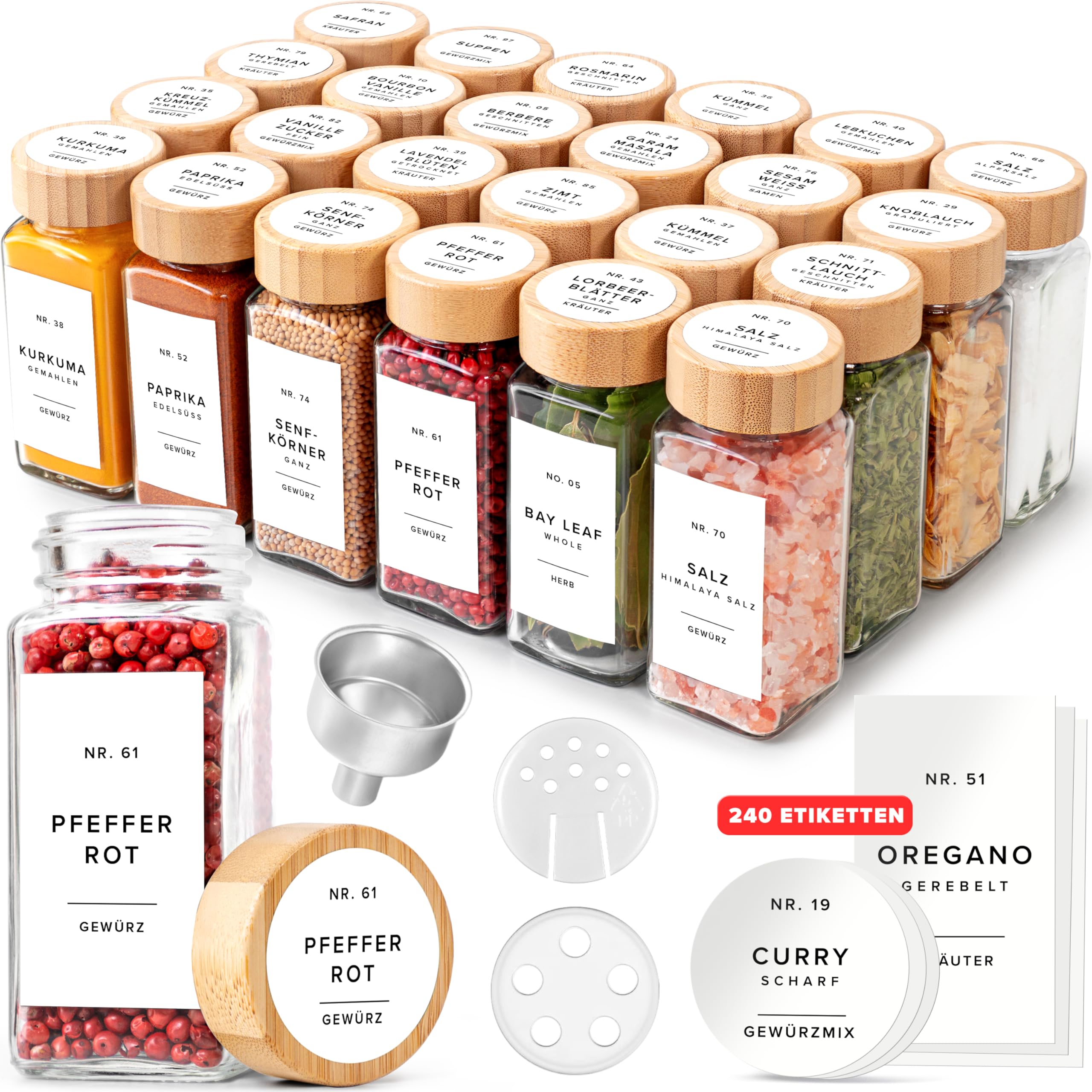 EDELHAUS Gewürzgläser Eckig Set mit Bambusdeckel (24 x 120ml) Gewürzstreuer mit Streueinsatz und 240 Etiketten Weiß - Holzdeckel Gewürzbehälter, Gewürzdosen, Gewürze organizer [11cm x 4,5cm]