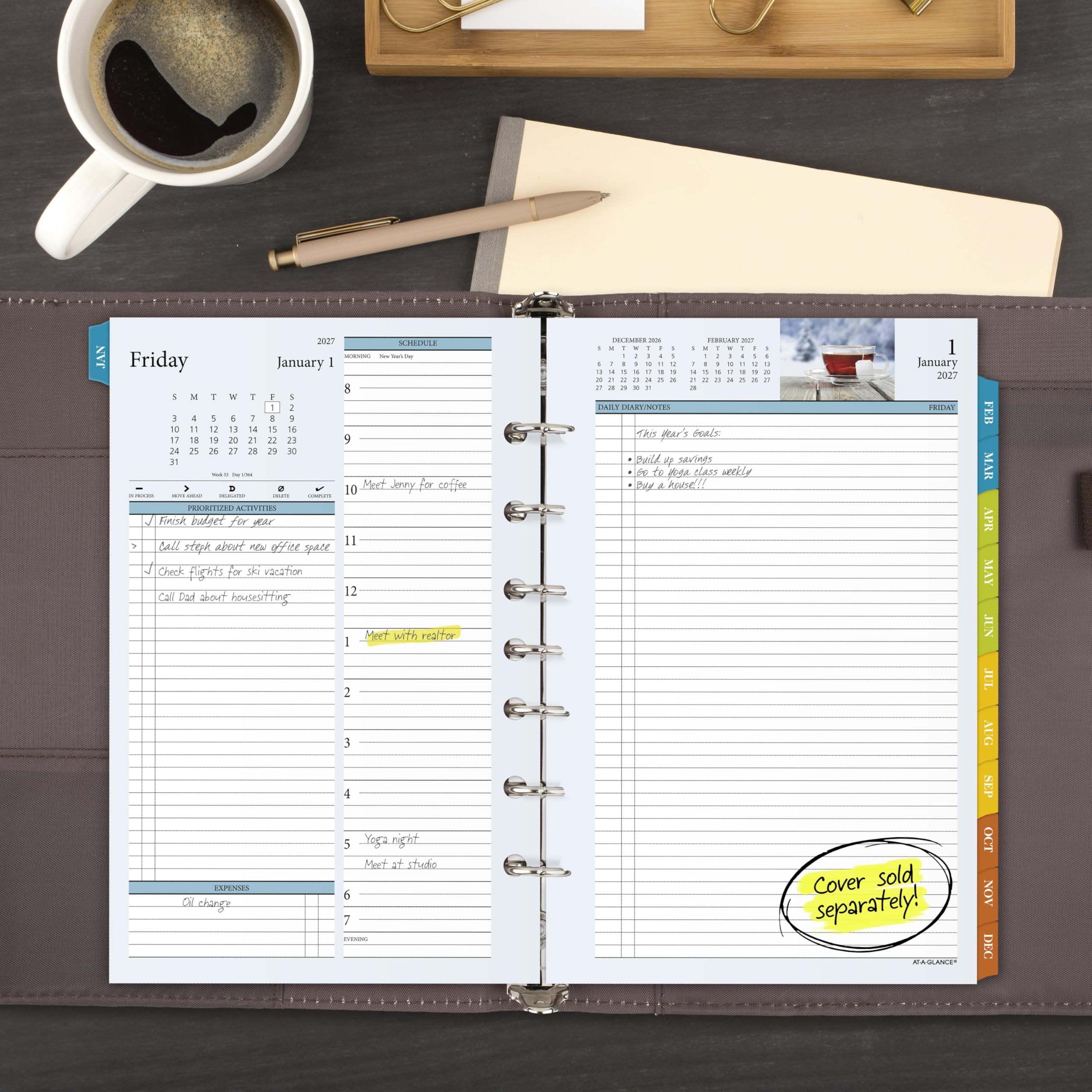 AT-A-GLANCE 281-225-27 Planer Nachfüllpackung für 2027, täglich und monatlich, 14 x 21,6 cm, Schreibtischgröße 4, zwei Seiten pro Tag, 7-Ringe, lose Blätter, Zenscapes (281-225-27)