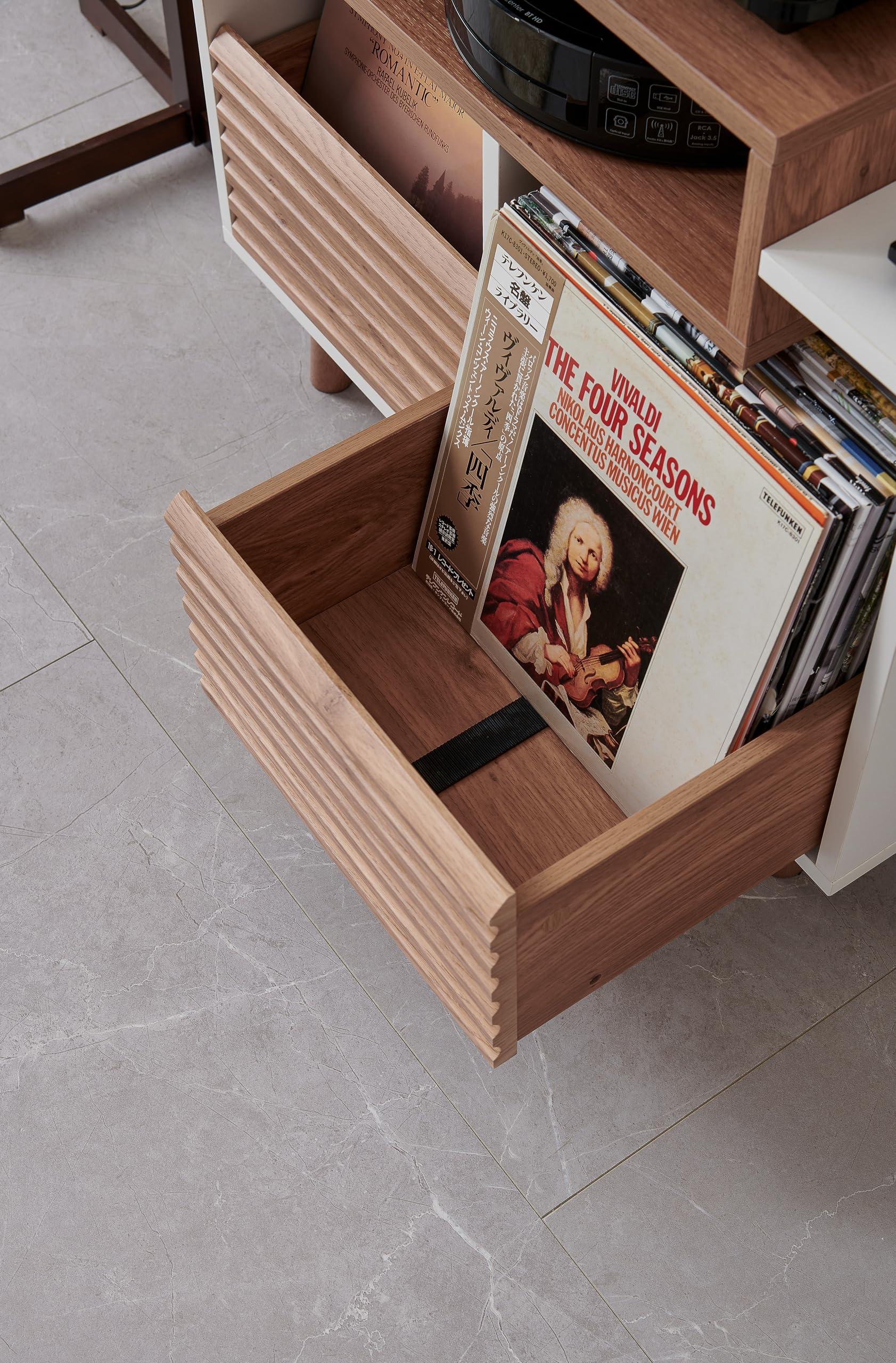 NorStone OSLO 800 Mobile in vinile per mobili in vinile – Elettronica Hifi – 2 cassetti portaoggetti – finitura bianco/rovere chiaro – 80 x 64 x 40 cm