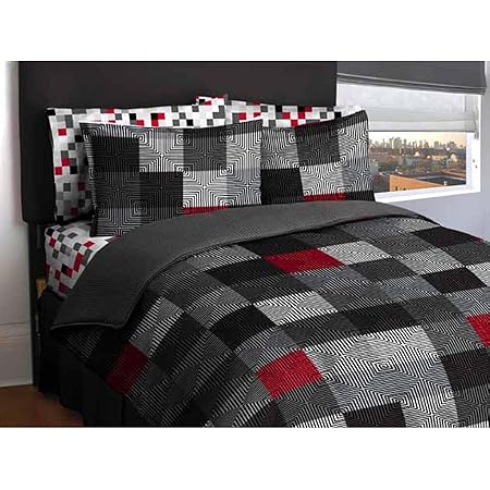 Amazon Com Ln Twin Size Teen Boys Red Gray White Black Geo Blocks Comforter With Sheet Set Bed In A Bag Bedding Set Twin Home Kitchen
