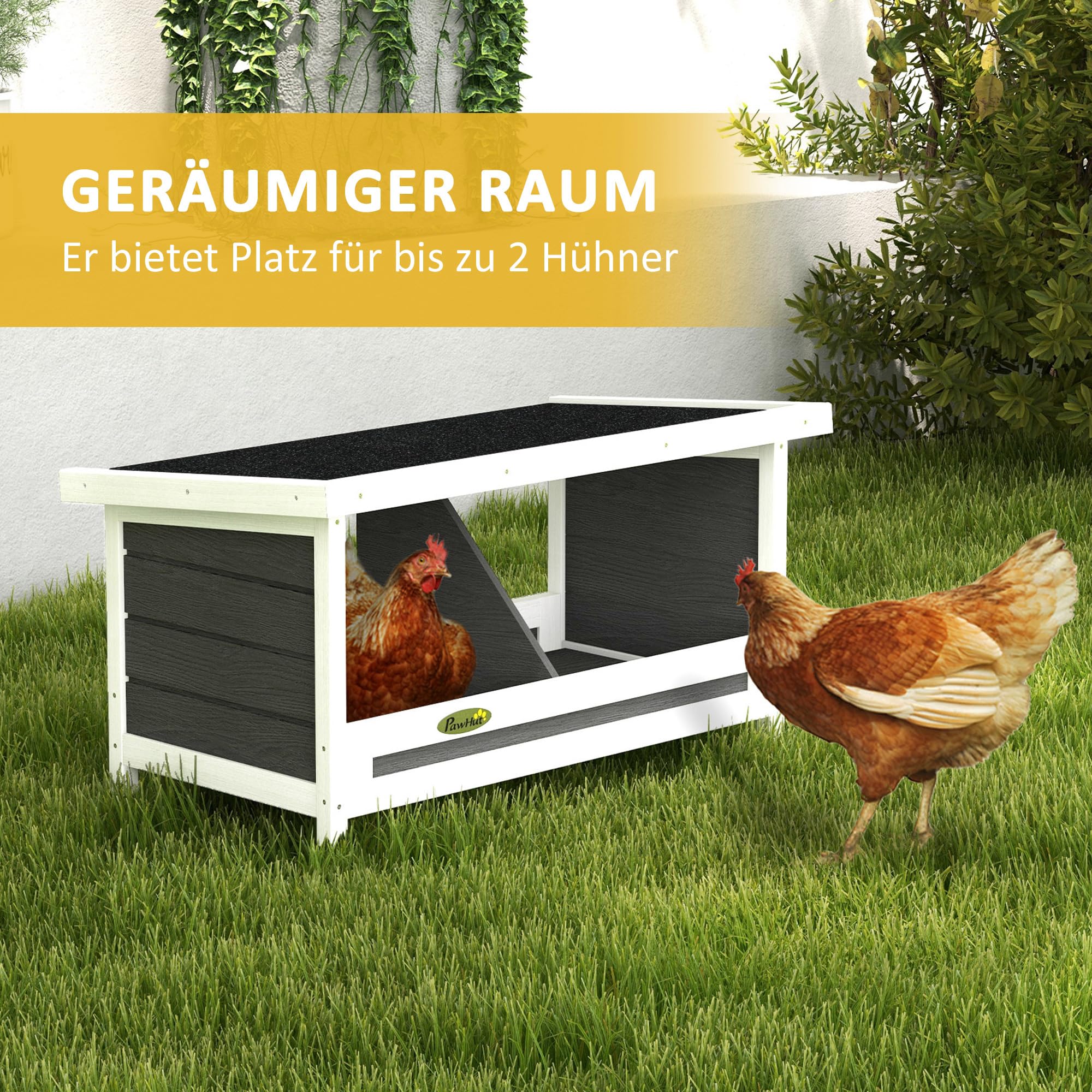 PawHut Legenest für Hühner, Abrollnest aus Holz mit Asphaltdach, erhöhtem Boden, Hühnernest für bis zu 2 Hühner, Geflügelnest für Kleintierstall 66 x 37 x 34 cm, Grau