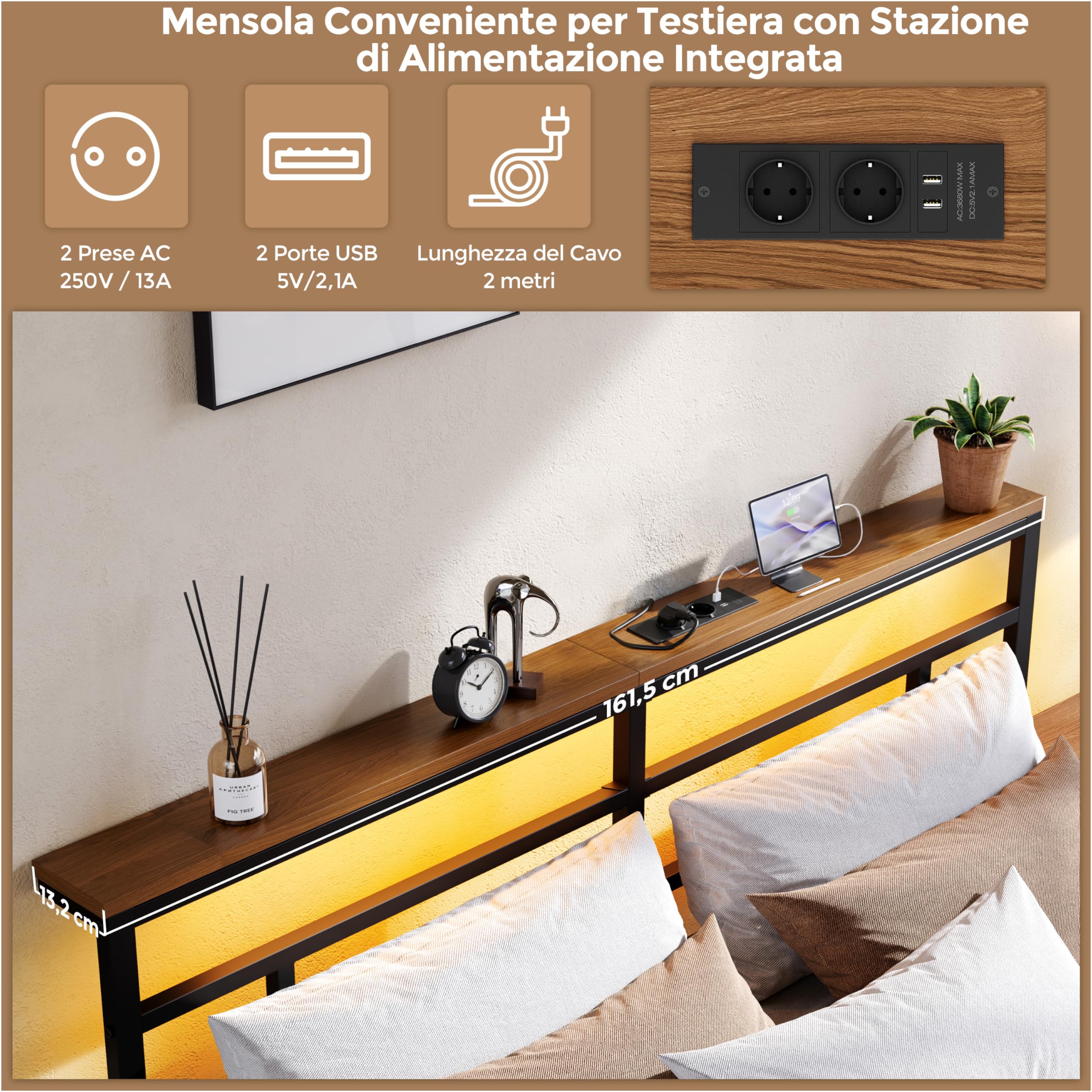 Yaheetech Letto 160 × 200 cm in Metallo, Letto Matrimoniale con Illuminazione a LED e Stazione di Ricarica, Struttura Letto con Testiera in Legno e Rack Laterale, Facile da montare