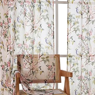 OWENIE Crushed Floral Sheer Curtains 63 Inches Length 2 Panels Set for Living Room Bedroom, Semi Sheer Curtians with printed Birds Flower Design, Rod Pocket Light Filtering Printing Sheer 42