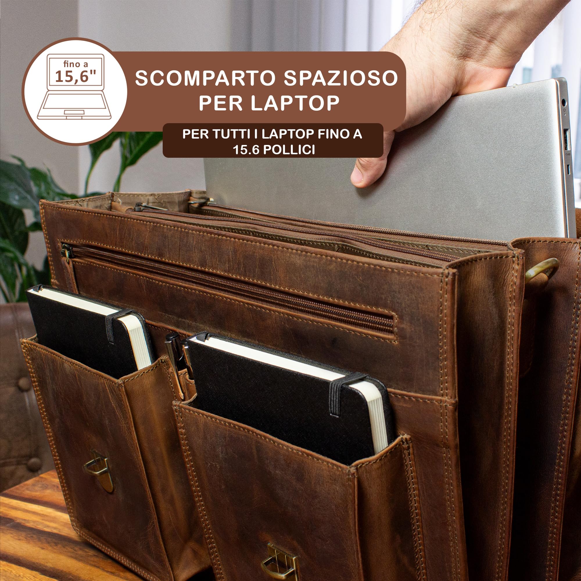 Stilord Cognac Leather Briefcase per Uomo e Donna Grande Borsa da Ufficio con Fondo per Portapacchi - Dettaglio