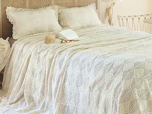 Miniatura 2 de ABREEZE Juego de ropa de cama vintage de algodón con ganchillo, colcha floral de encaje beige con fundas de almohada, 3 piezas, tamaño Queen