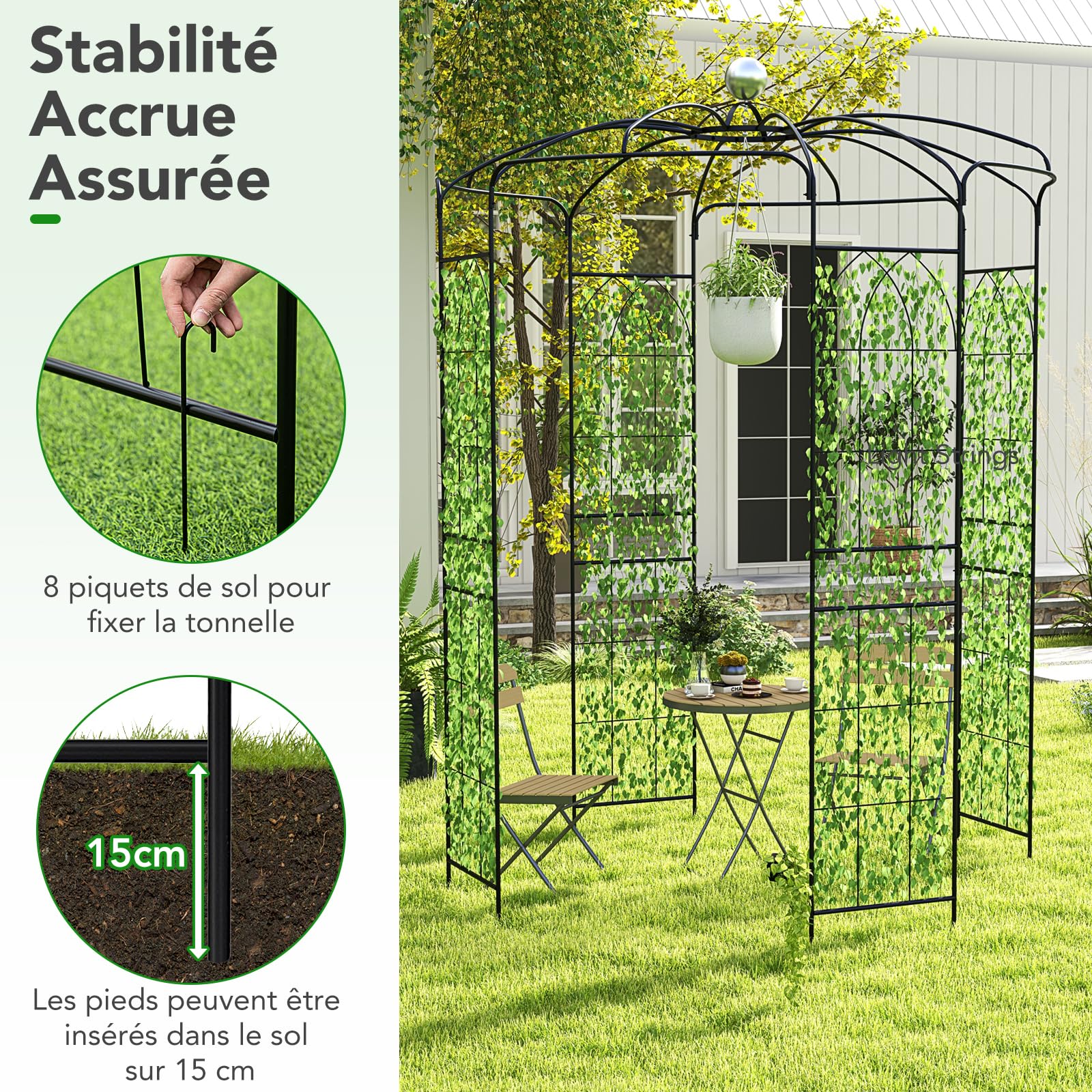 GOPLUS Arche de Jardin Forme de Cage à Oiseaux, Treillis Plantes Grimpantes 286 x φ 206 cm, Crochet de Suspension, Arche Rosier Décoration de Fête, Cérémonie de Mariage, Charge 10KG Noir