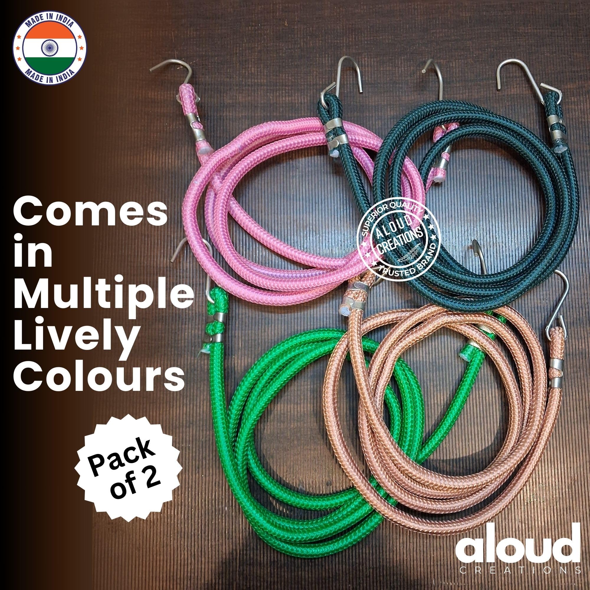 ALOUD CREATIONS 2Pc Super Strong Thick Elastic Rope With Hook | 10mm Dia, 6 Feet Length, Stretched Up To 10 Feet | Stretchable Rope For Clothes Drying, Luggage Tying For Bikers, Bungee Cord, Bike Rope 2