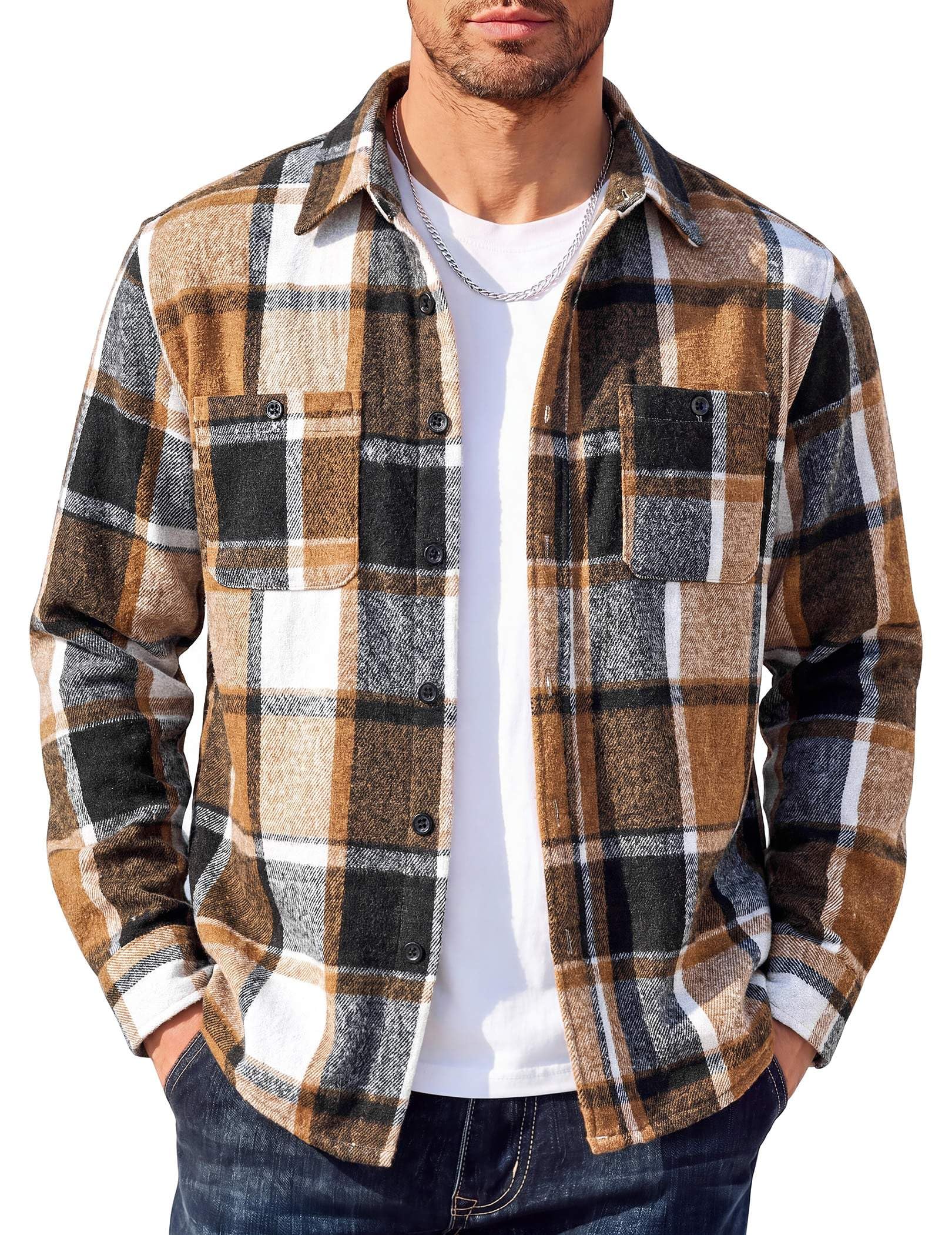 COOFANDY Men's Flannel Shirts Long Sleeve Casual Cotton Plaid Button Down Shirt Jacket wi…