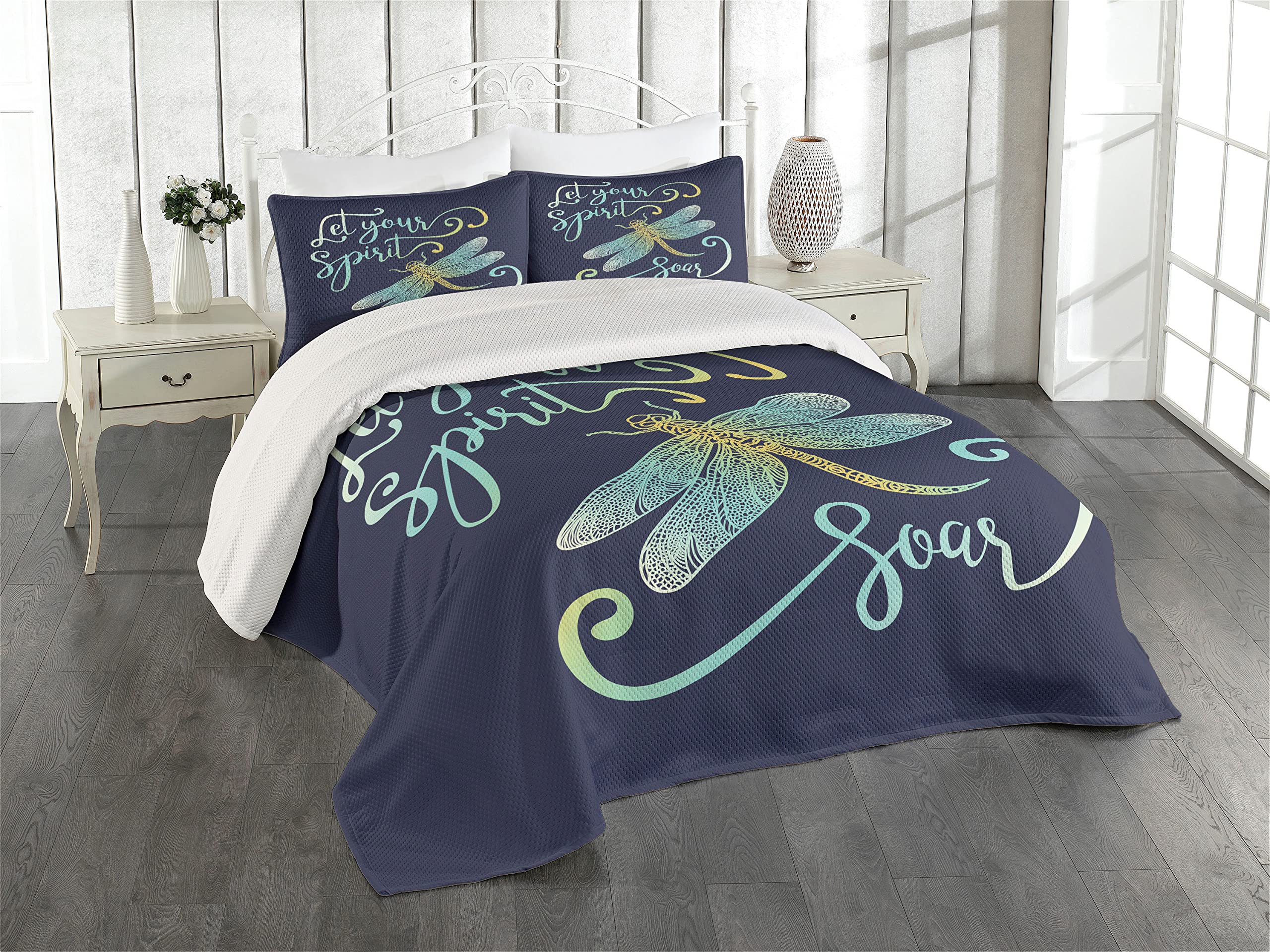 Lunarable Inspirational Coverlet Set King Size, Calligraphy Words Let Your Spirit Soar and Ornate Dragonfly Figure, 3 Piece Decorative Quilted Bedspread Set with 2 Pillow Shams, Blue and Yellow