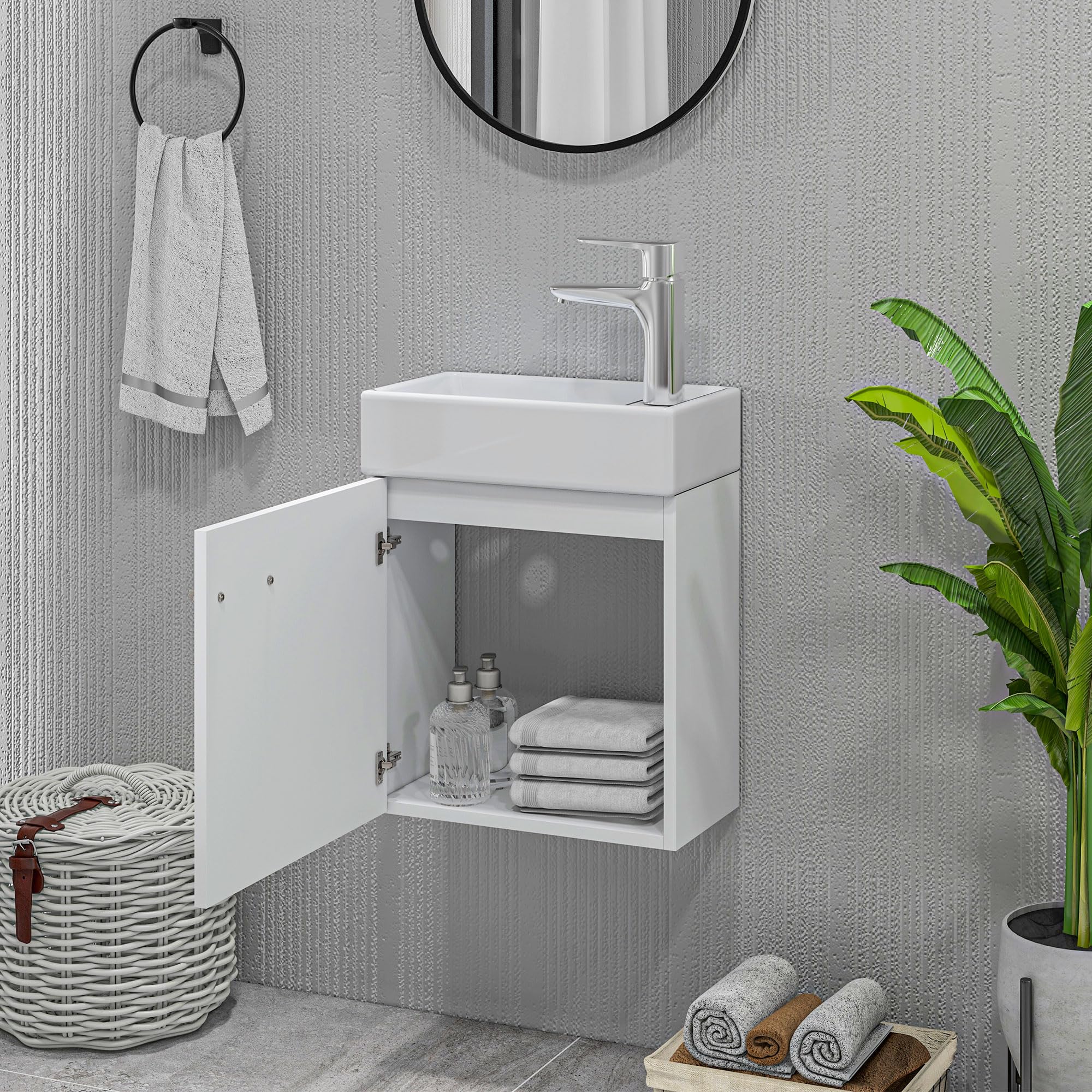 HOMCOM Mueble de Baño con Lavabo de Pared Mueble para Lavabo con Puerta con Cierre Suave Estilo Moderno 40x23x50 cm Blanco Brillo