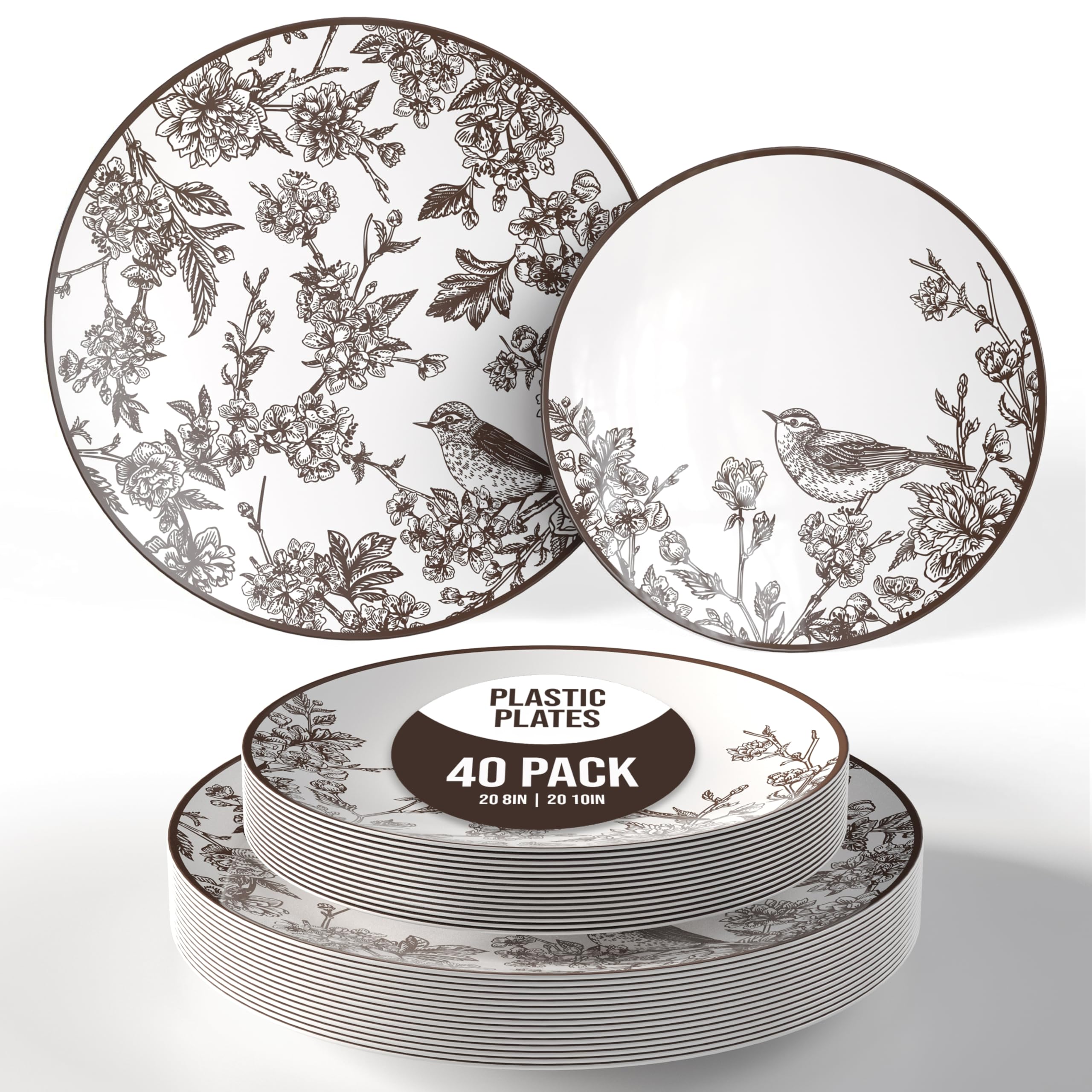 Trendables Disposable Dinnerware Sets Vintage Plates Plastic Disposable Plates Set For 20 Guests 20 x 8 Inch Dessert Plate & 20 x 10 Inch Wedding