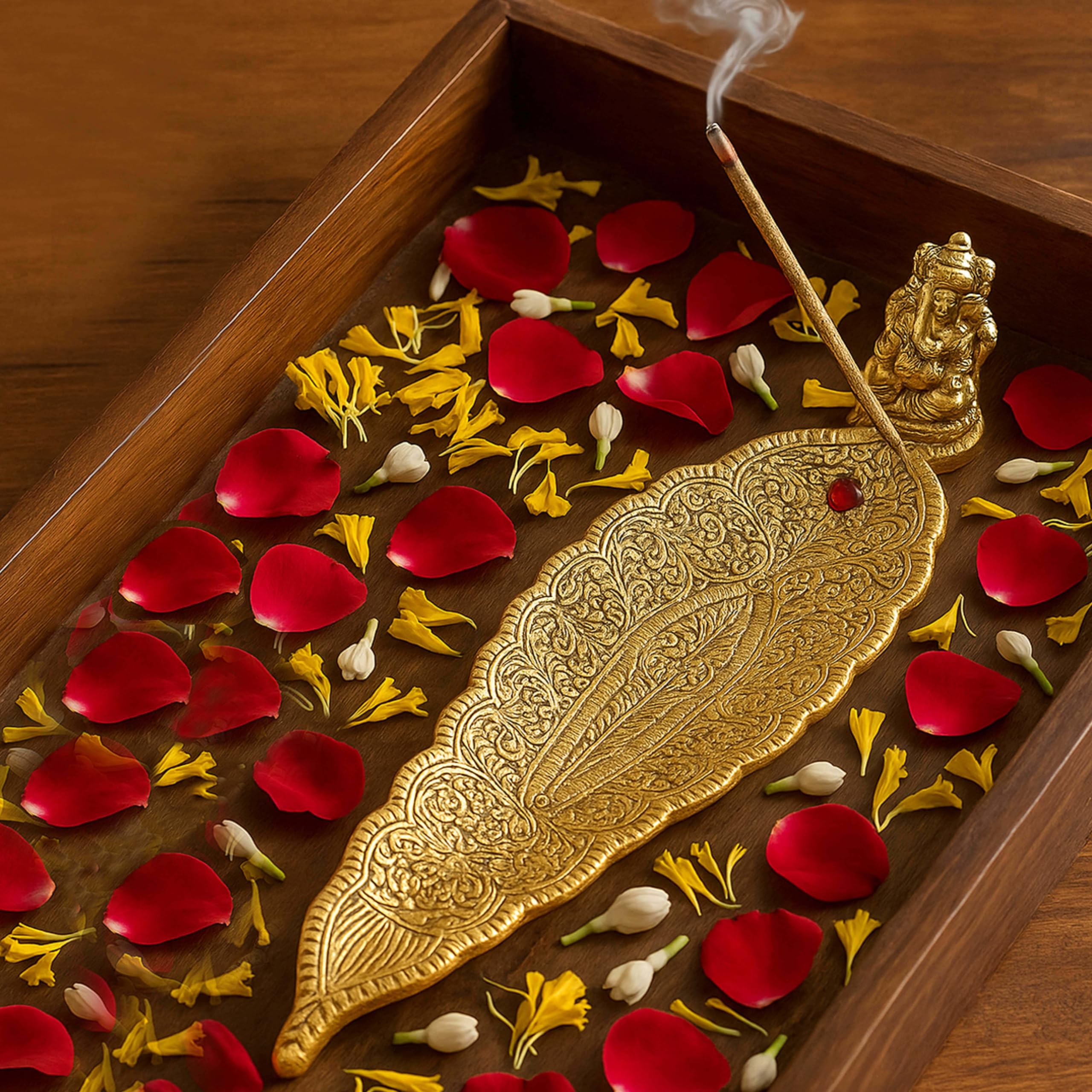Pure Source India Aluminum Incense Holder & Ash Catcher Agarbatti Stand Featuring Ganesh Figurine (9x2 inch, Gold)-image-27