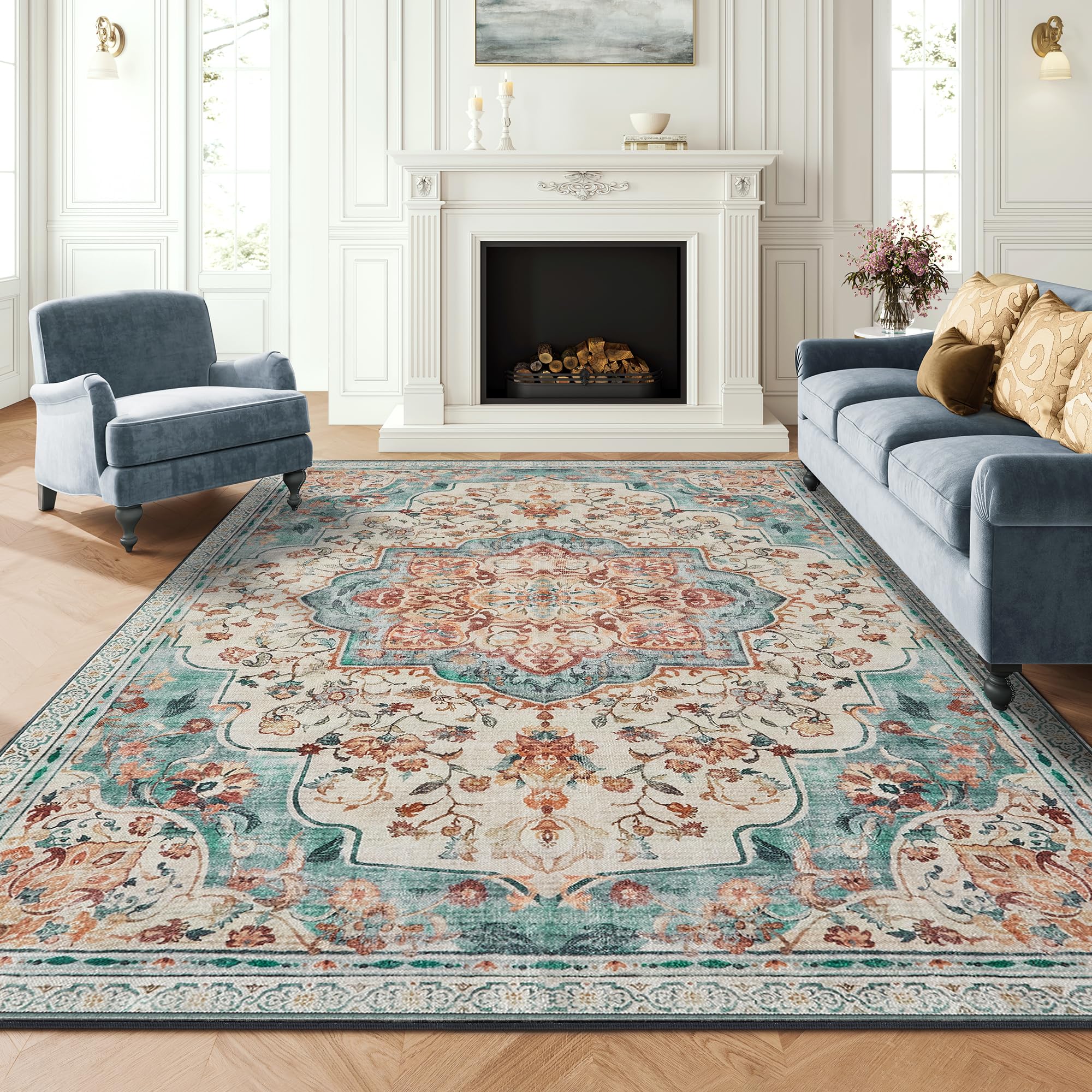 SONGMICS HOME Vintage Teppich, 200 x 290 cm, Wohnzimmerteppich, Schlafzimmerteppich, Waschbarerteppich, Rutschfester Teppich, für Küche, Flur, Esszimmer, aquamarinblau TAR310Q01