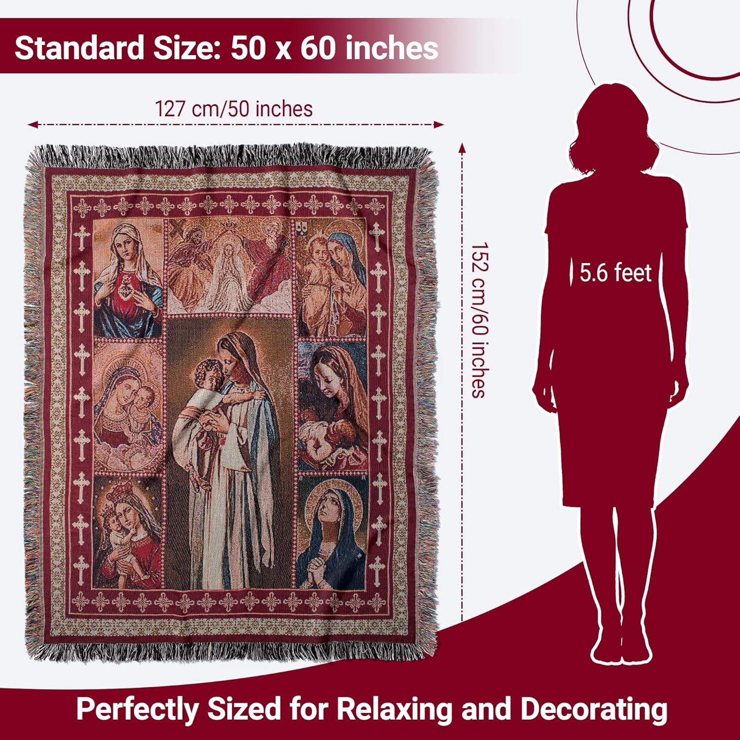 XINWBB Virgin Mary Woven Tapestry Throw Blanket with Tassels | Soft Decorative Christian Gift for Couch & Bed | Living Room Wall Hanging Decor, 50"x60" - Image 7