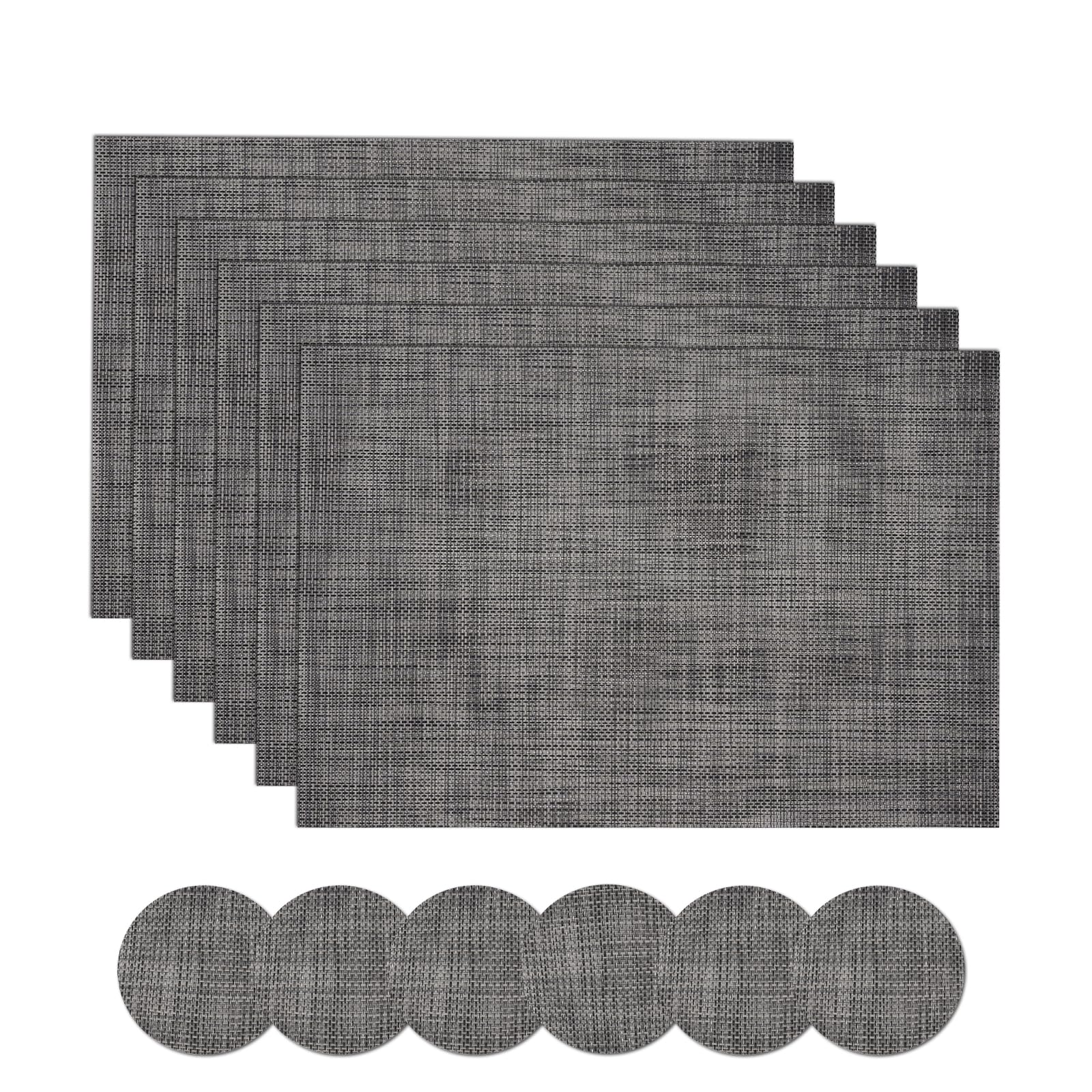 Famibay Placemats and Coaster Sets 6 Place Mats for Table Heat Resistant Washable Table Mats and Coasters Woven Placemats Black Grey for Kitchen Dining Restaurant
