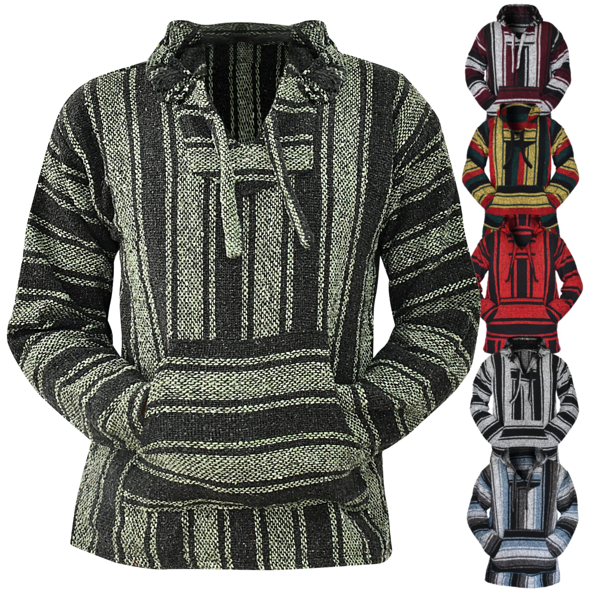 Artisans Bazaar Unisex Green Mexican Baja Hoodie – Classic Drug Rug Pullover Sweater | Baja Hoodie For Men & Women | Mens & Plus Size Options Available, Large