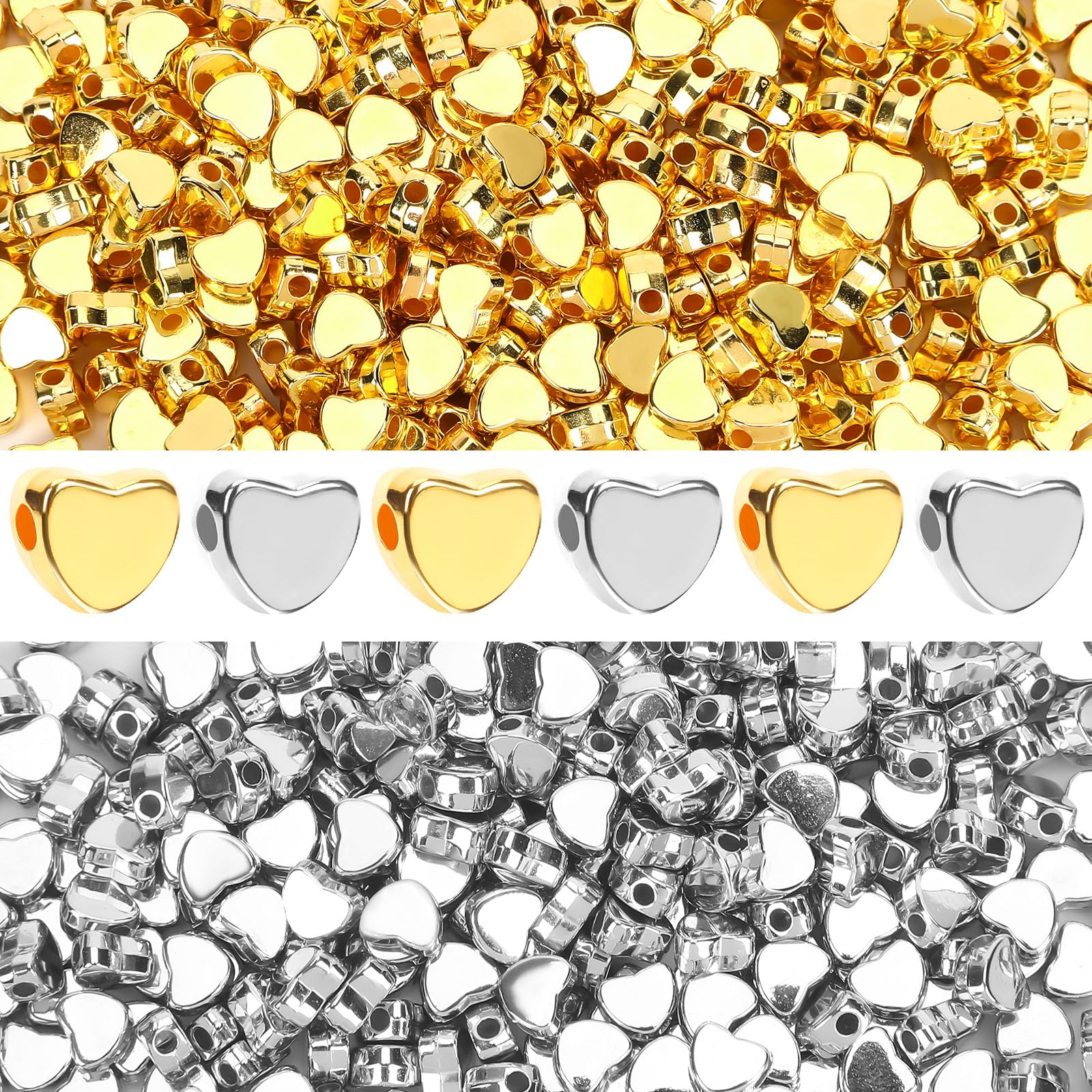 Augshy 700Pcs Heart Beads, Heart Shape Gold Silver Spacer Beads for Jewelry Bracelet Making Birthday Valentine's Day Party Necklace Friendship Bracelets DIY Crafts