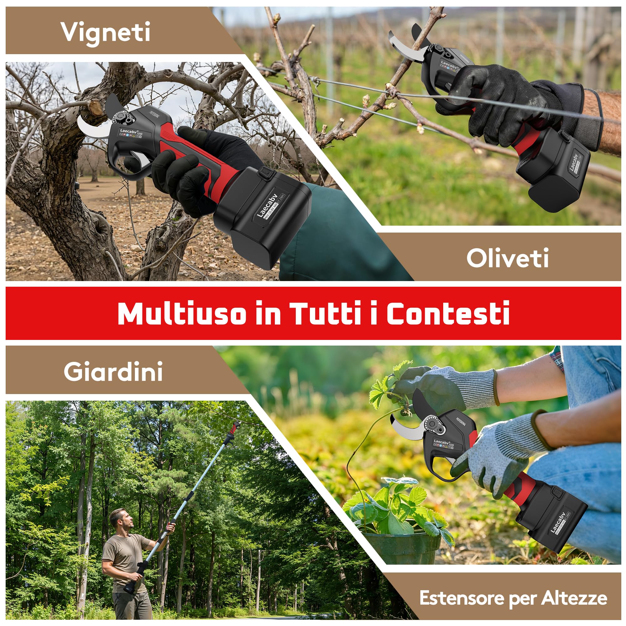 Laecabv 35mm Forbici Potatura a Batteria, Cesoia Elettrica Professionali, 2 Batterie 4Ah, Protezione Anti-Taglio, Taglio Progressivo, Cesoie Olivo Vigneto, Compatibile LA-E05
