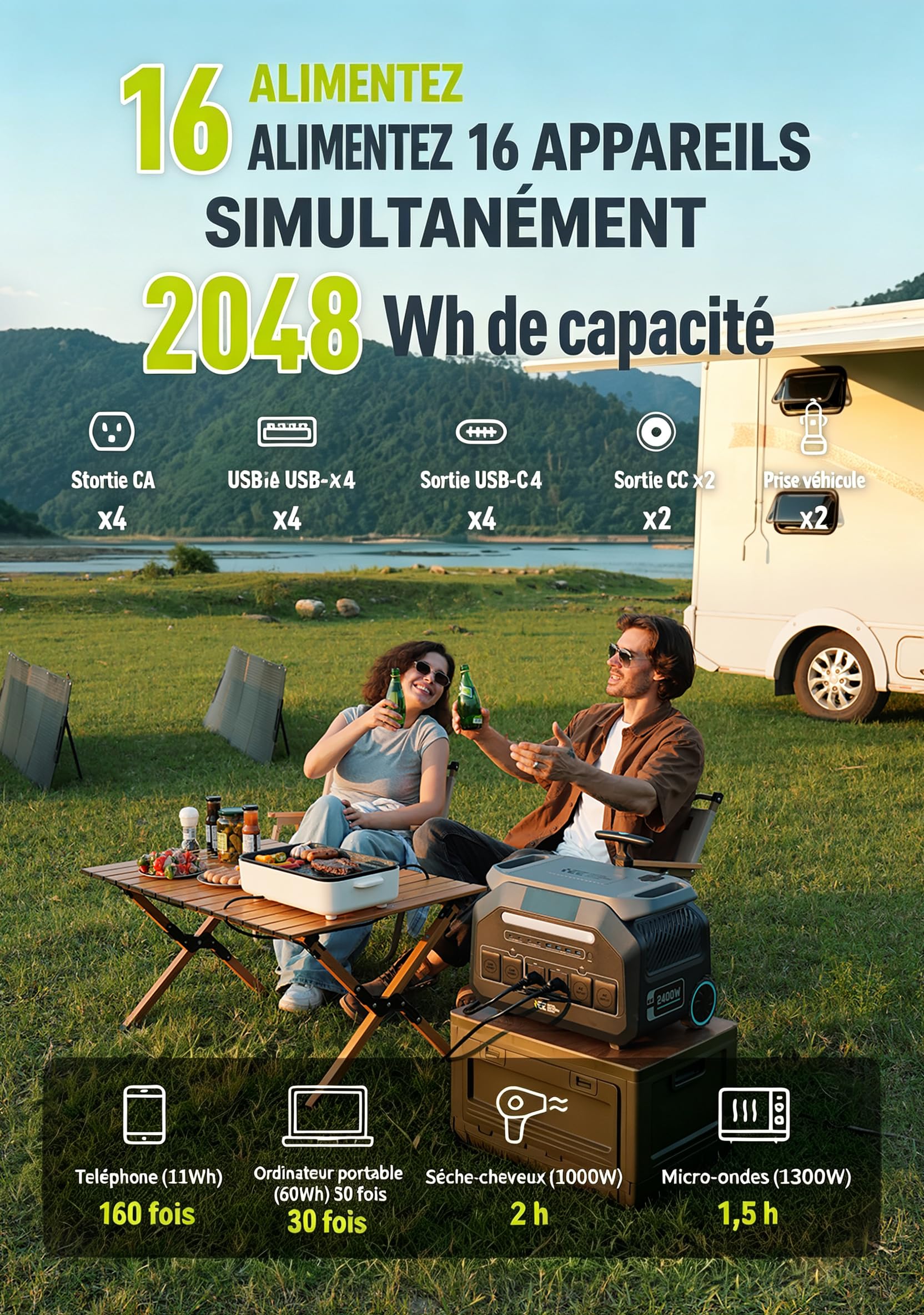 IEETek P2400 Station d’alimentation portable, batterie LiFePO4 de 2048 Wh, sortie CA2400 W (pic 4800 W), générateur solaire lithium à charge rapide en 1 heure, onduleur <10 ms, usage domestique