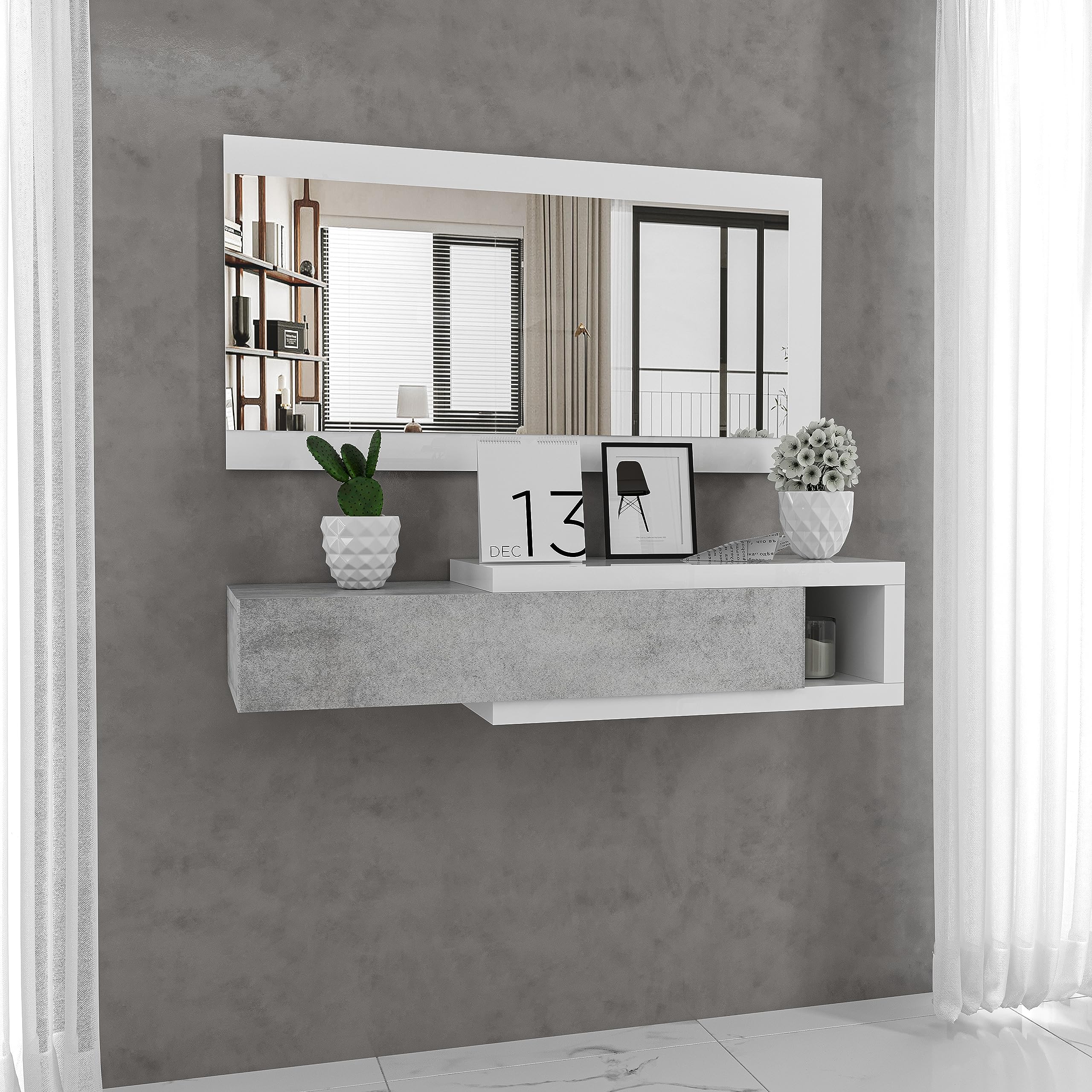 Mobile Maiorca Mobiletto Da Ingresso Sospeso Con Cassetto Mensola e Specchio Arredo Arredamento Sala 81 x 116 x 29 cm Colore Bianco Lucido e Grigio Cemento