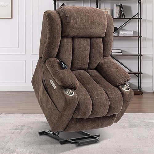 Luxlen Power Lift Chair for Elderly, Electric Recliner Chair with 8-Point Vibration Massage and Lumbar Heating, Charging Ports, Cup Holders, Standing Assistance Reclining - Brown