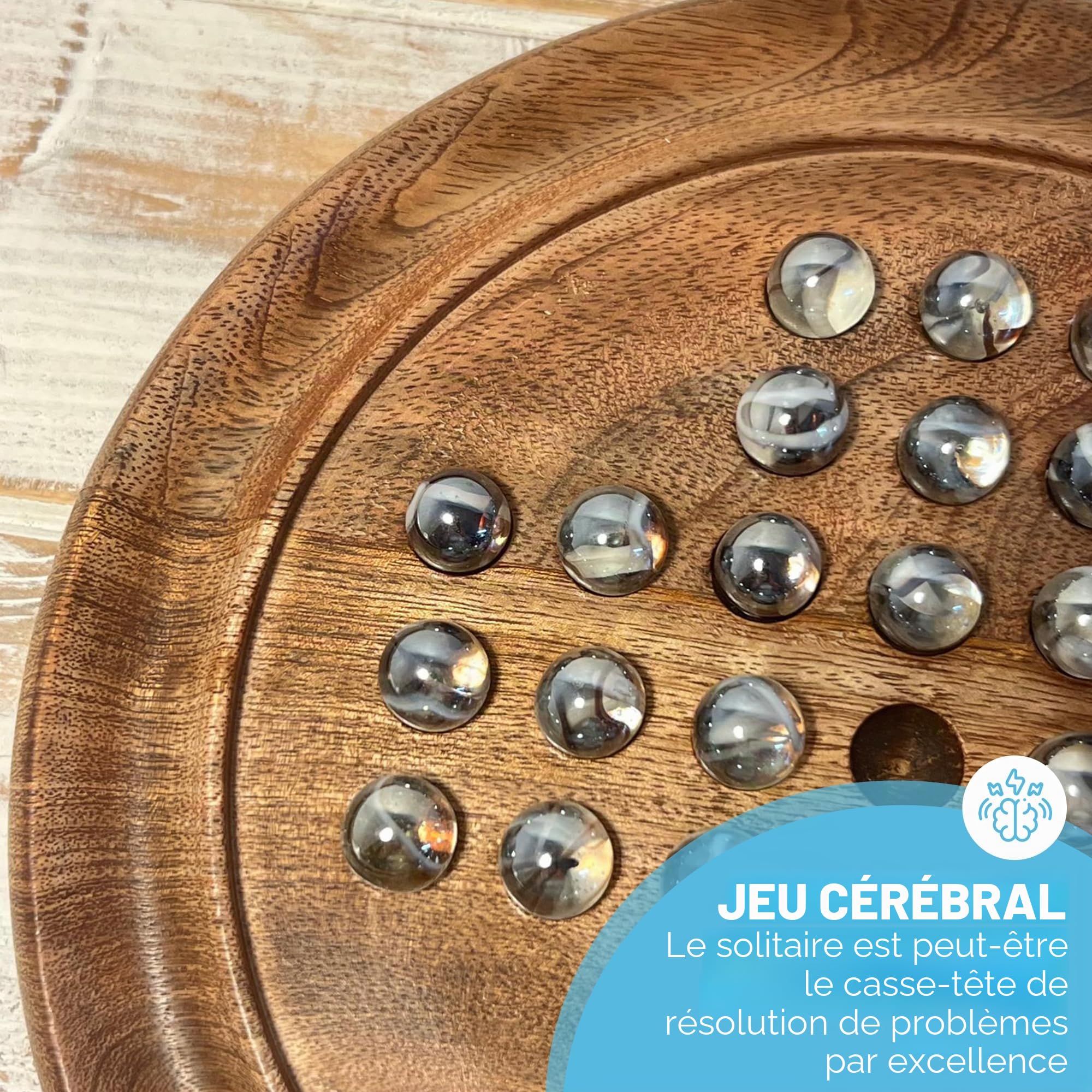 Jeu de société solitaire en bois de 22 cm de diamètre avec billes de verre tourbillonnantes transparentes | jeu de solitaire classique en bois | jeu de société de stratégie | jeu de société familial |