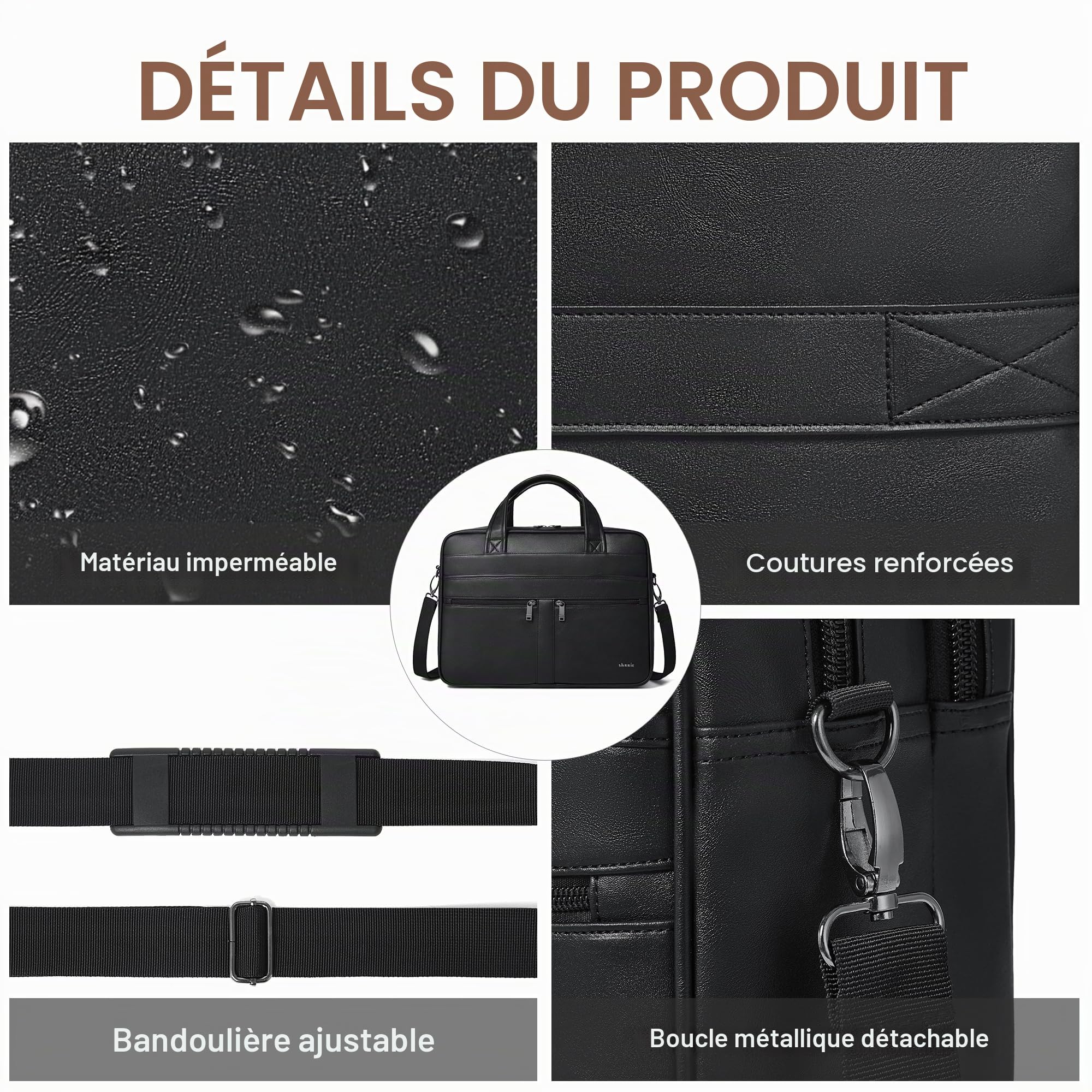 Shrrie Sac à messager en cuir pour homme et femme, sac pour ordinateur portable de 16 pouces, mallette rétro en cuir résistant à l'eau pour homme d'affaires travail