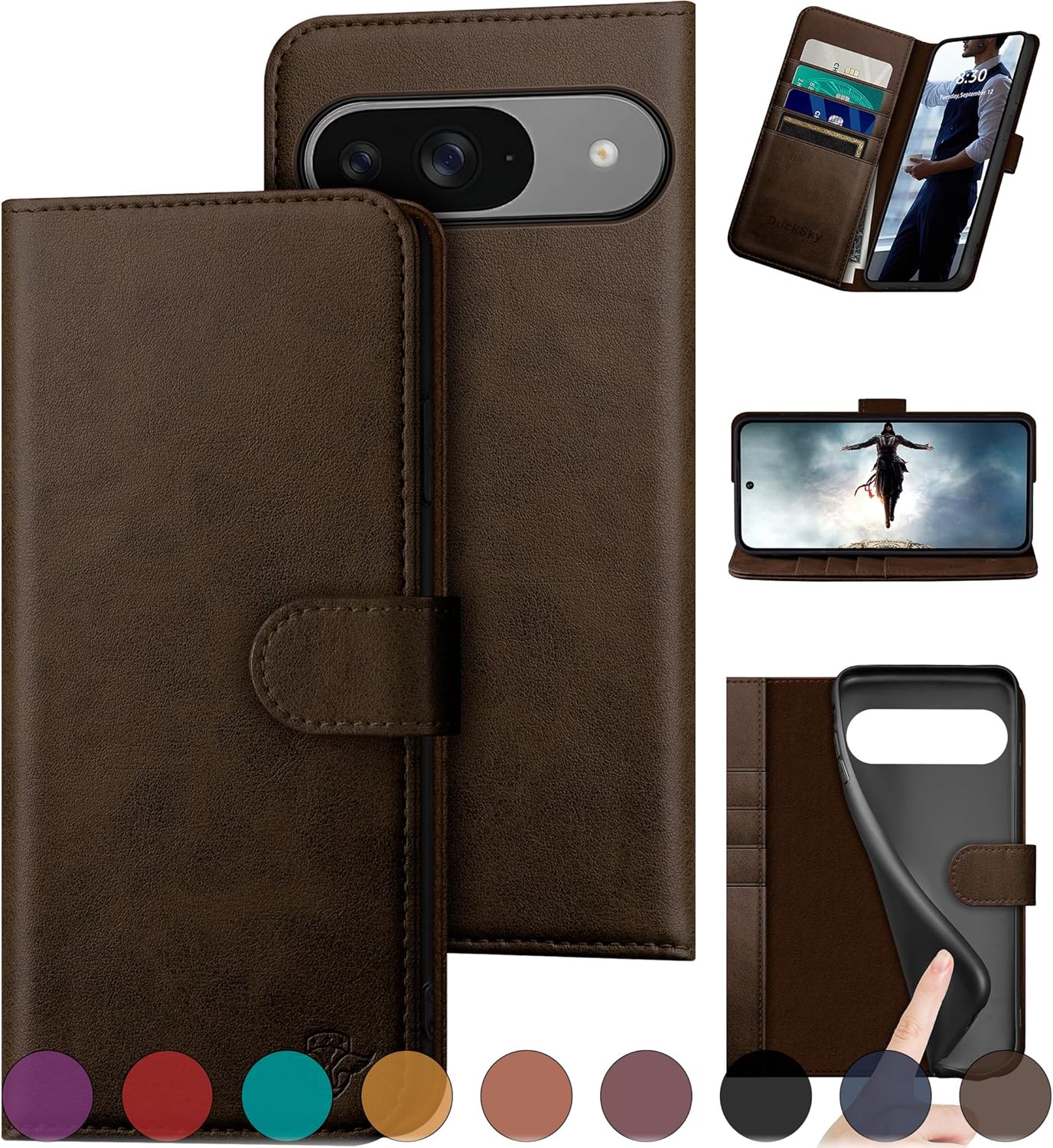 DuckSky for Google Pixel 9 5G/Google Pixel 9 Pro 6.3 Genuine Leather Wallet case【RFID Blocking】【4 Credit Card Holder】【Real Leather】 Flip Folio Book Phone Cover Women Men for Pixel 9 case Light Brown