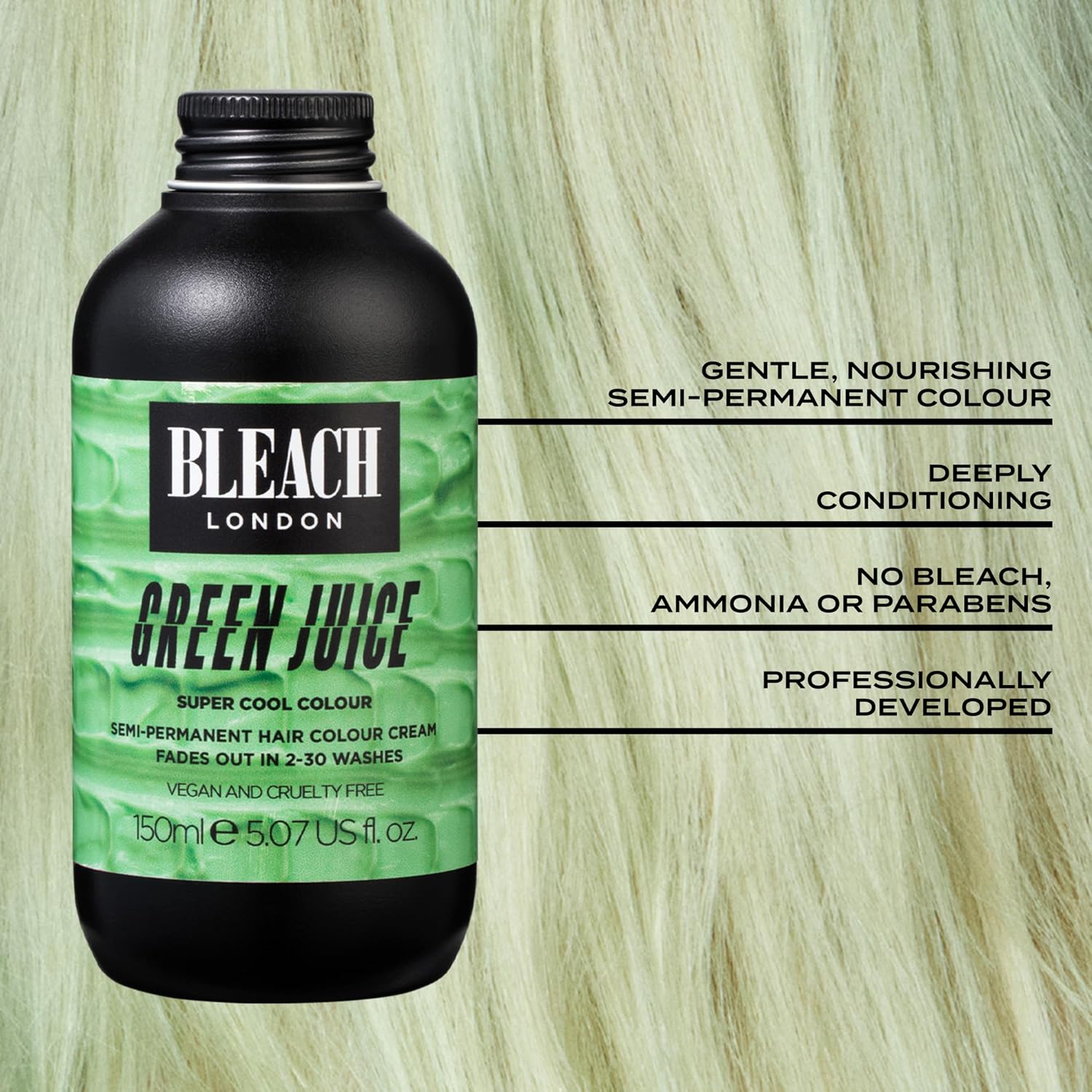 Bleach London Green Juice Semi-Permanent Hair Colour Cream - Pale Green, Vegan, Cruelty Free, Vibrant Temporary Dye 150 ml image 4