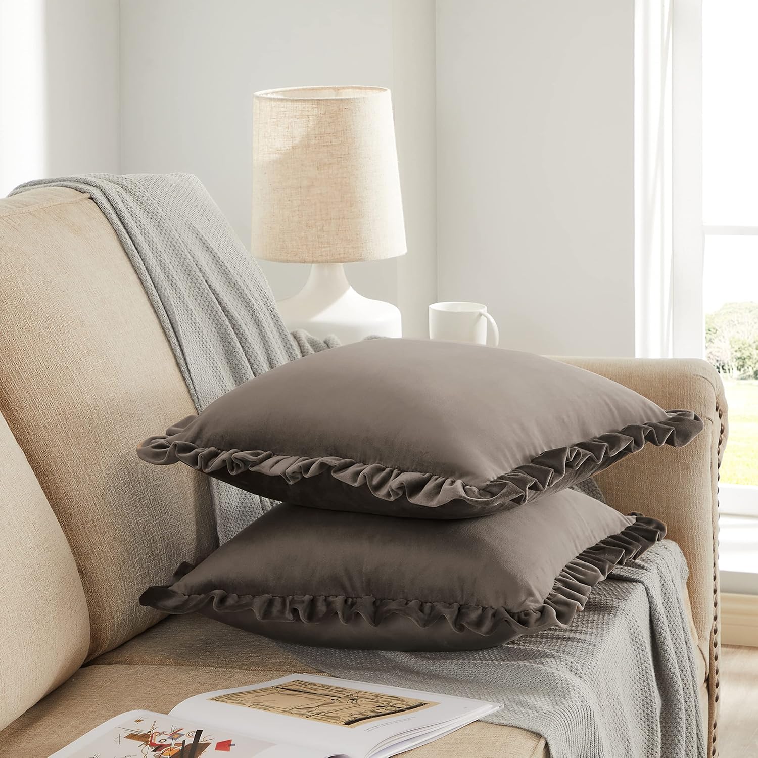 GIGIZAZA Brown Decorative Throw Pillow Covers, 22x22 Velvet Ruffle Cushion Pillow Covers for Sofa Couch Set of 2