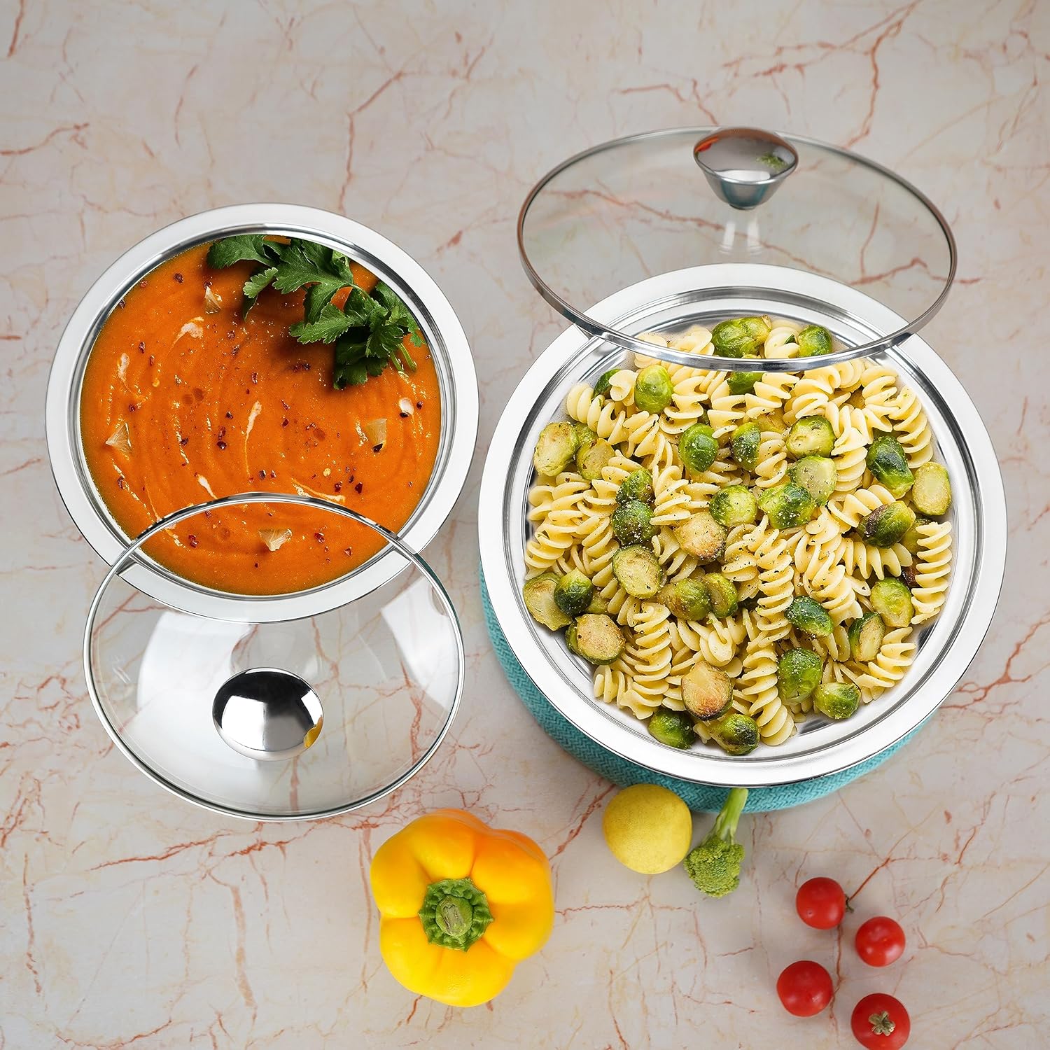 Sumeet Stainless Steel Casserole With Glass Lid | 2 Pieces-1 Liter & 1.75 Liter | Includes Roti & Gravy Pots | Keeps Food Warm & Fresh | Ideal For Rotis,Chapati,and Sabzi | Dishwasher Safe
