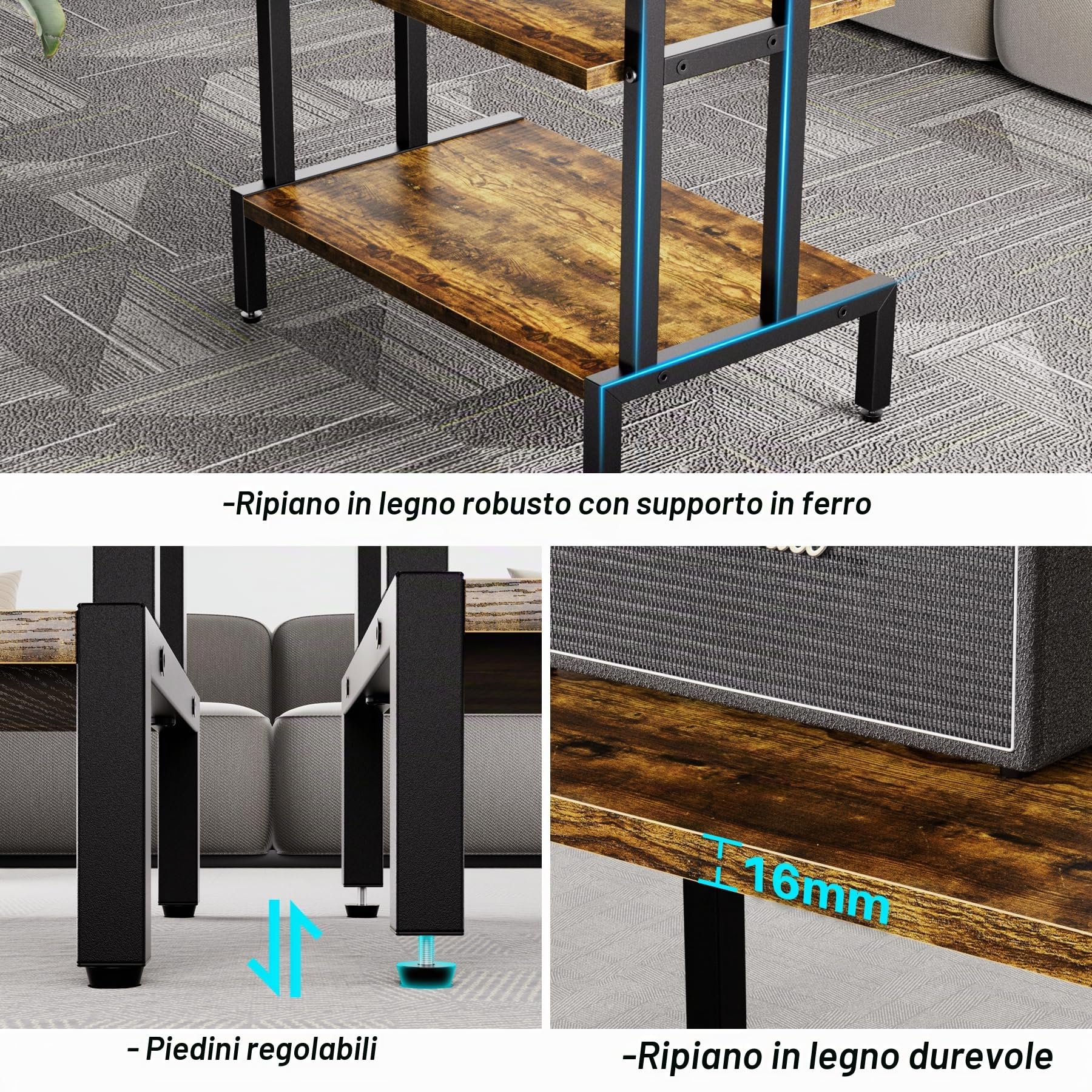 Aquzee Mobile Giradischi, Mobili per Hi Fi Con Supporto Stereo a 4 Livelli per Piccoli Spazi, Supporto per Console di Gioco Con 4 Ripiani, Marrone Rustico
