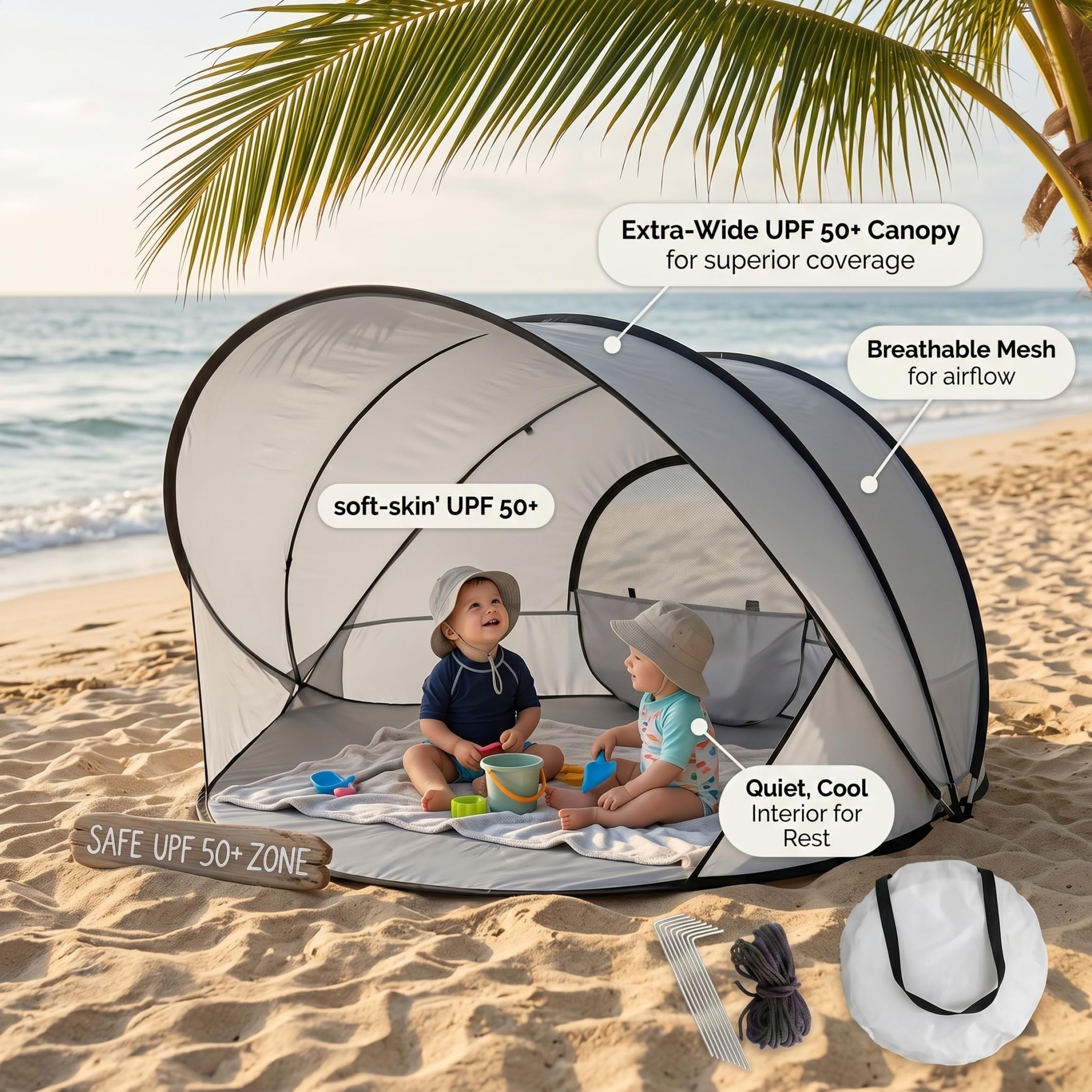 Tienda de Playa para Bebés, Refugio Solar UPF 50+, Blanco, Tienda de Playa para 2 Personas, S