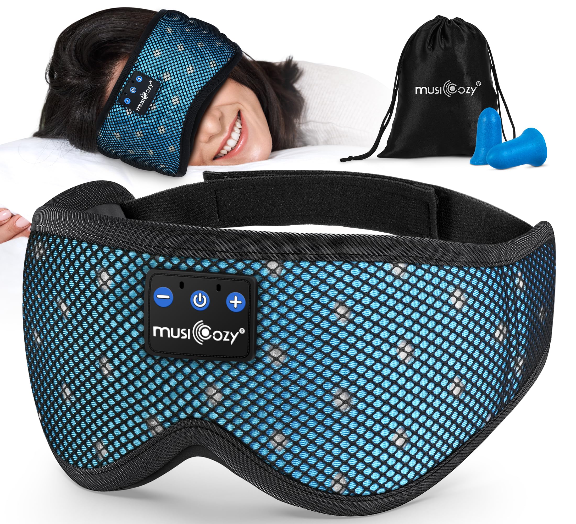 MUSICOZY Bluetooth Sleep Headphones for Side Sleepers, Wireless Headphones with Ultra-Thin Speakers in Comfortable Eye Headphone for Sleeping, Travel,