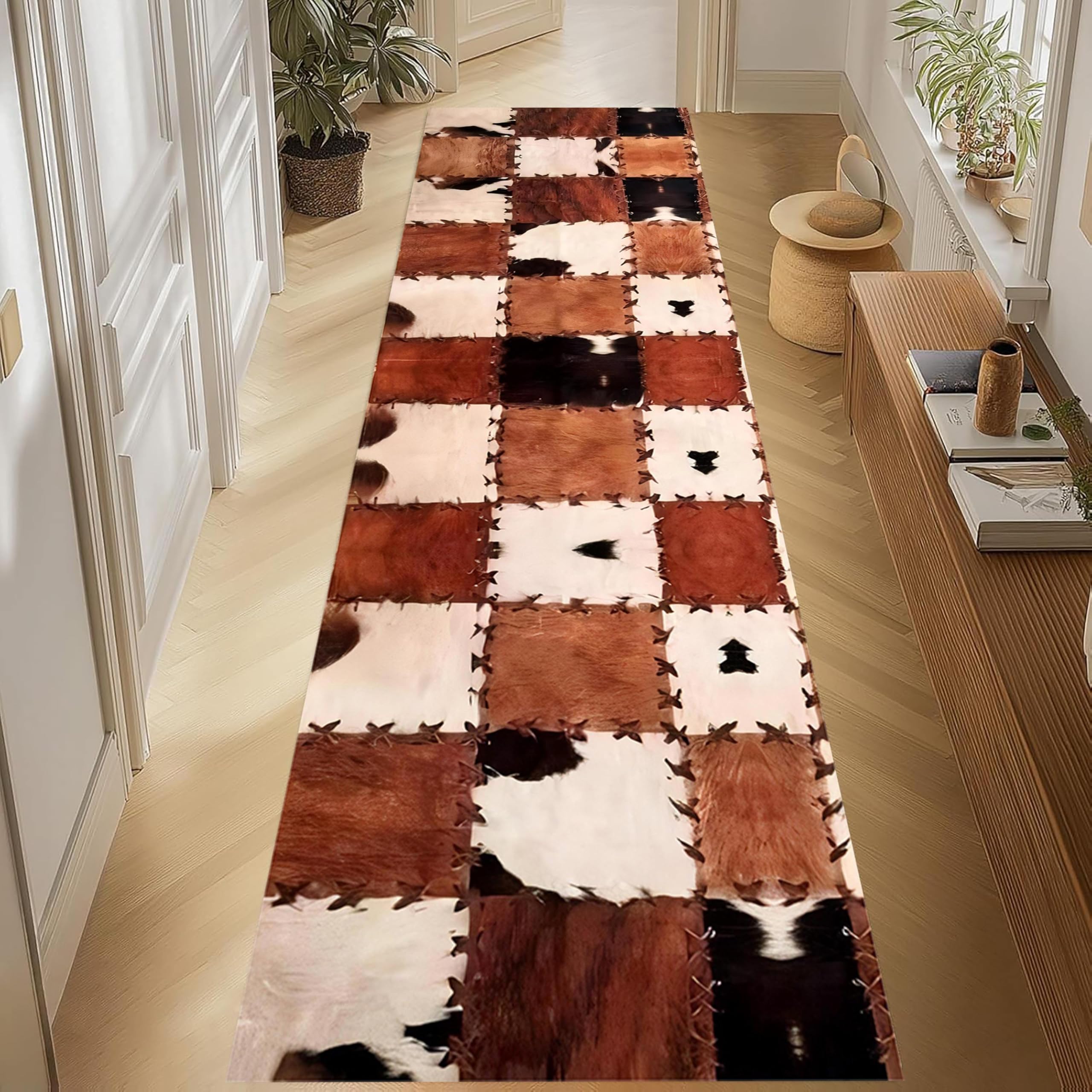 Plateau Cow Print Runner Rug,100x300cm, Retro Animal Texture Geometric Abstract Brown Kitchen Mat, Non-Slip Washable Low Pile Rug for Laundry Room, Indoor Hallway Carpet for Living Room Office