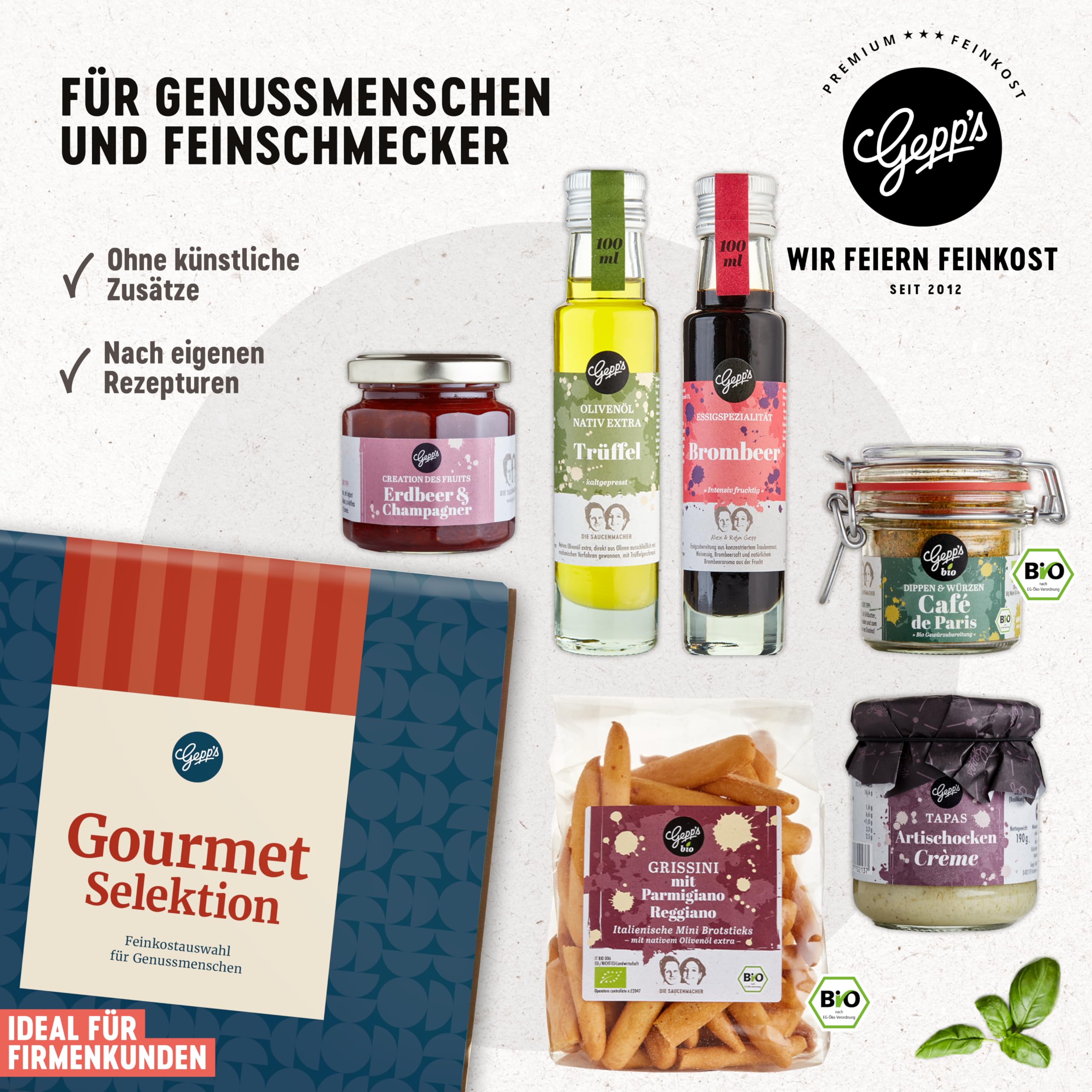 Gepp’s Feinschmecker Geschenkkorb mit Trüffelöl und Erdbeer-Champagner Aufstrich