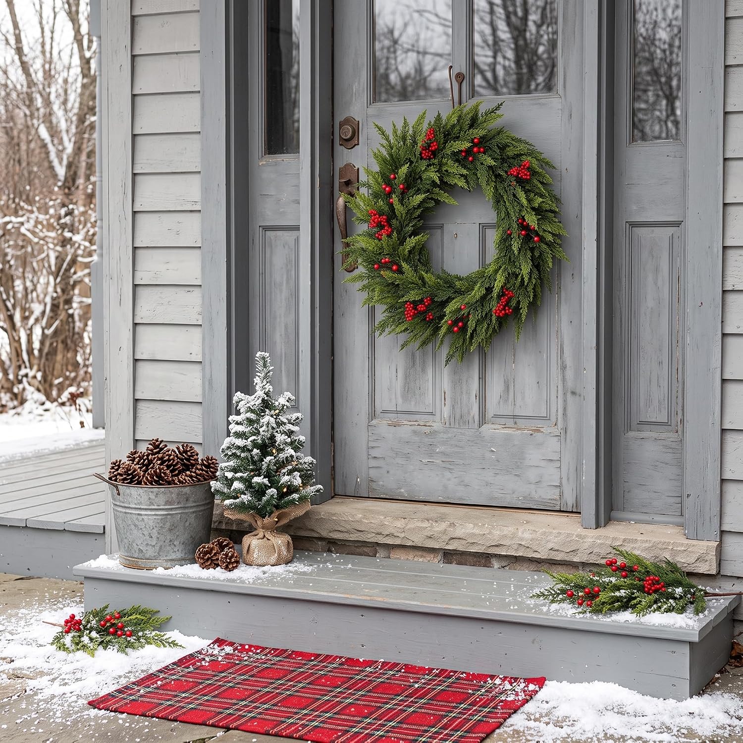 24 Inch Christmas Wreaths for Front Door, Artificial Norfolk Pine Xmas Red Berry Wreath for Home, Holiday, Fireplace, Mantle, Wall, Windows, Outdoor Decoration