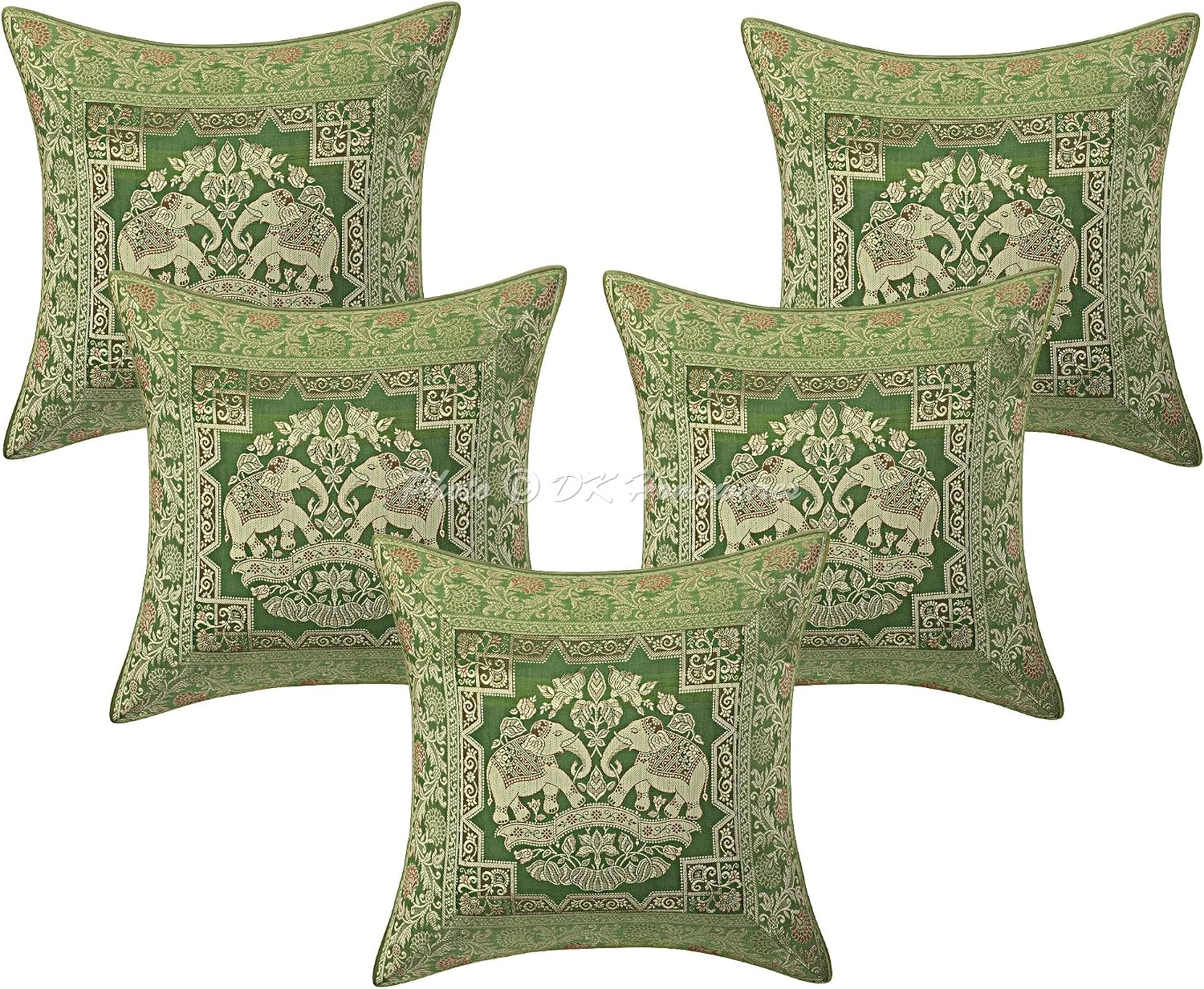 Decorative Throw Cushion Covers 16 x 16 Inch Brocade Jacquard Weave Indian Square Elephant Cushion Covers (Size - 40x40 cm ; Color: Olive Green & Gold) - Set of 5 Pcs (Cover Only)