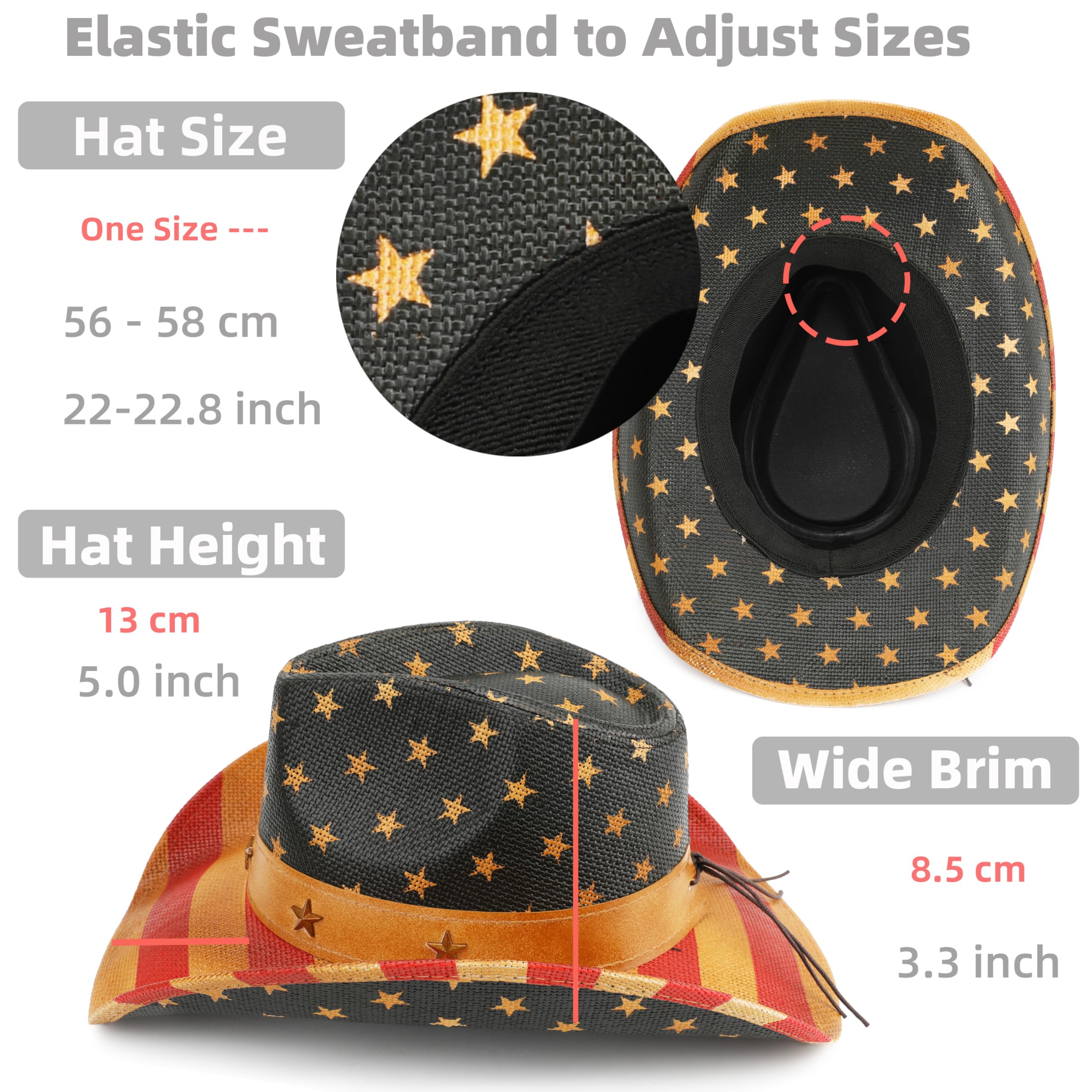 Cappello da cowboy con bandiera americana, unisex, stile patriottico del 4 luglio, cappello da cowgirl