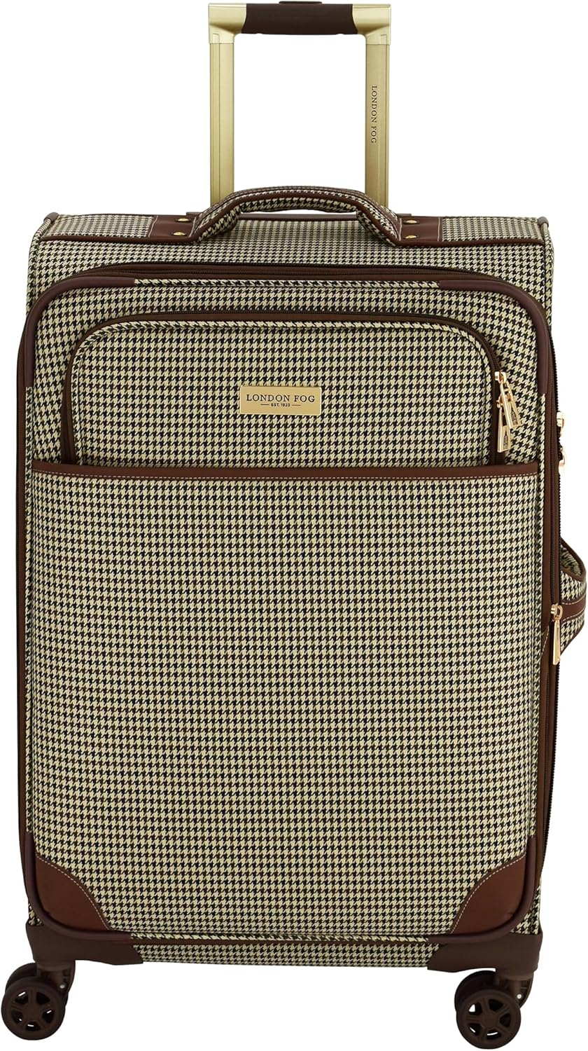 London Fog Cambridge 25" Expandable Spinner Softside Suitcase, Olive Houndstooth