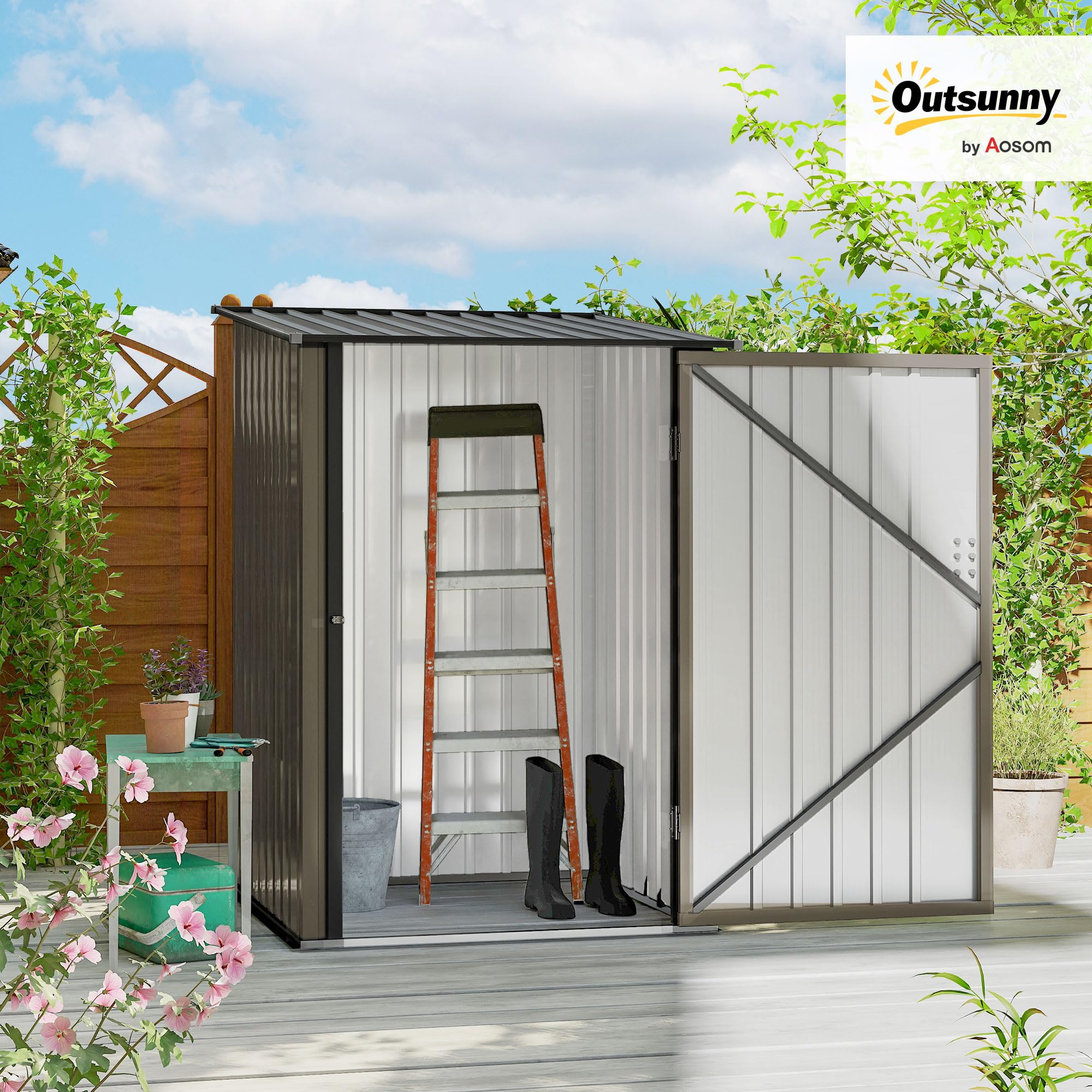 Outsunny Cobertizo de Jardín Exterior 0,92 m² 100x103x160 cm Caseta de Jardín Exterior Metálica con 1 Puerta y Cerradura para Almacenamiento de Herramientas para Patio Terraza Marrón — view 2