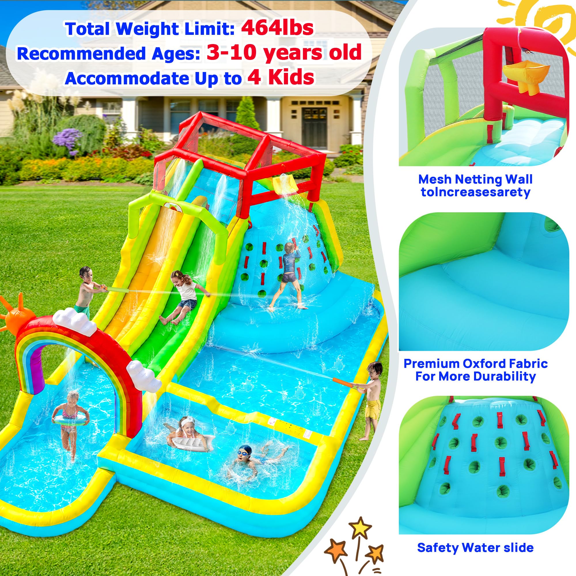 WELLFUNTIME - Parque inflable de doble toboganes con soplador, castillo hinchable con cortina de agua arcoíris, con tiro y escalada en roca