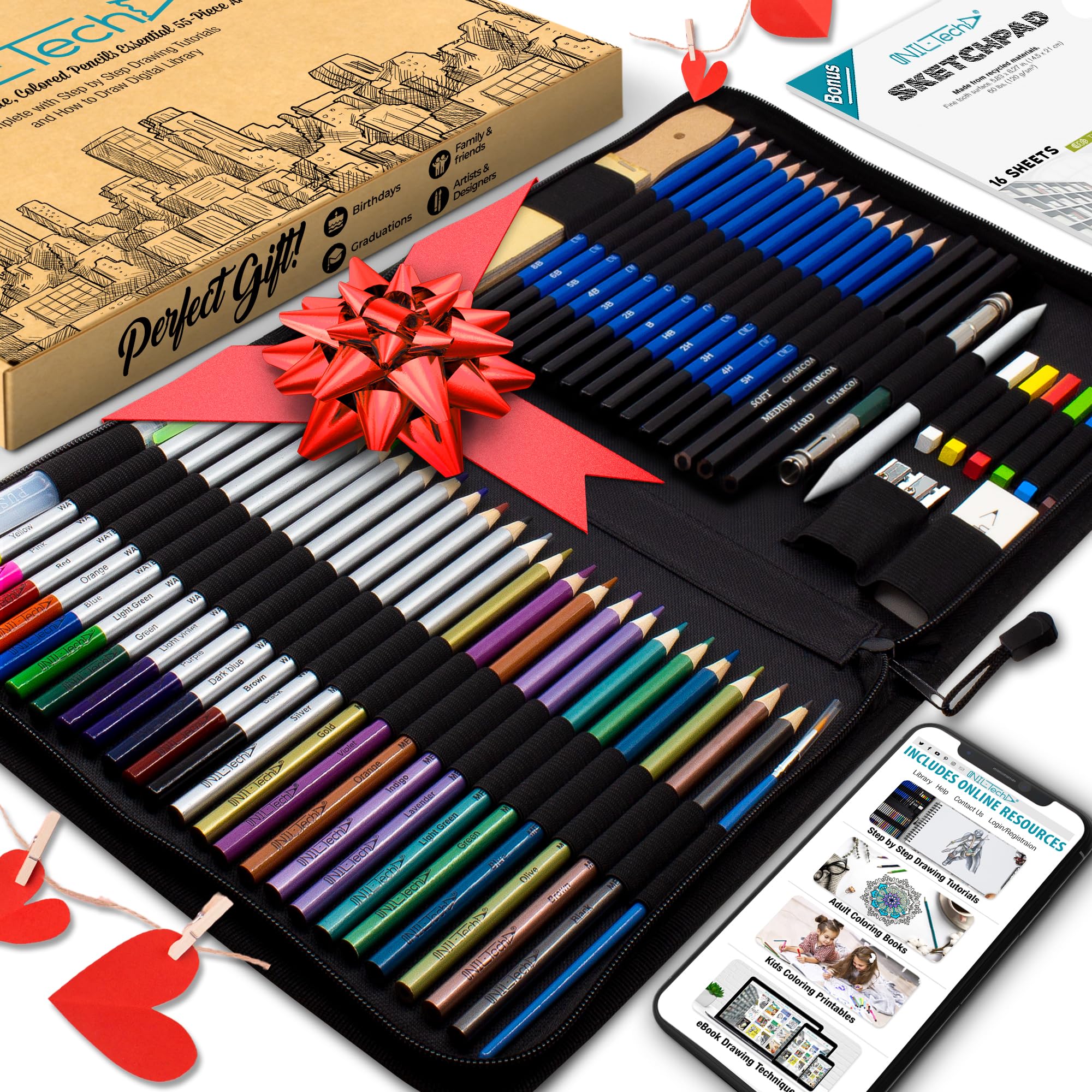 NIL - TECH 55-Piece Drawing Pencil Set – Colored, Graphite & Charcoal Pencils with Case & eBook – Art Supplies Kit for Kids, Teens & Adults –